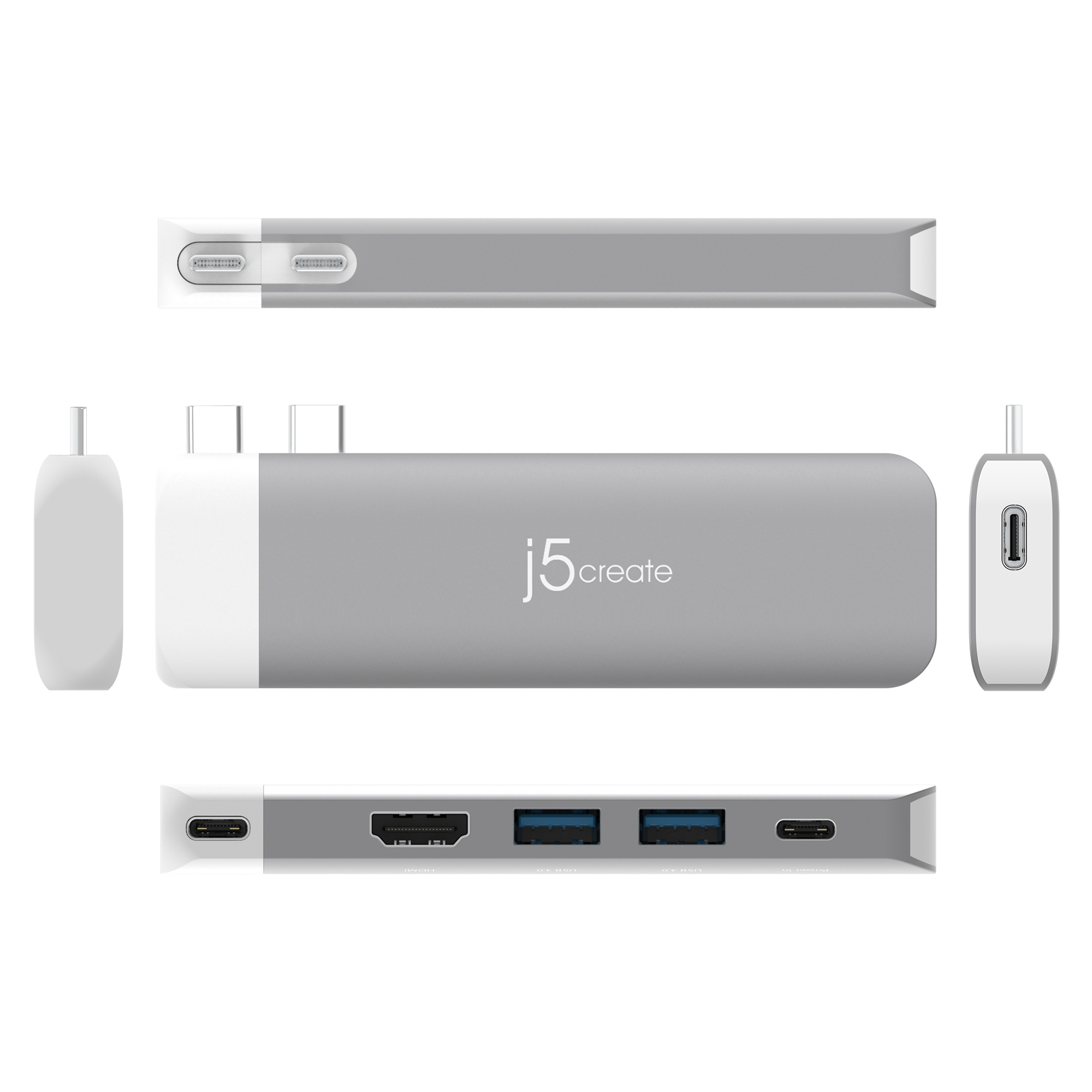 Un hub j5create bianco e grigio, visto da più angolazioni, tra cui la parte superiore, inferiore e laterale.