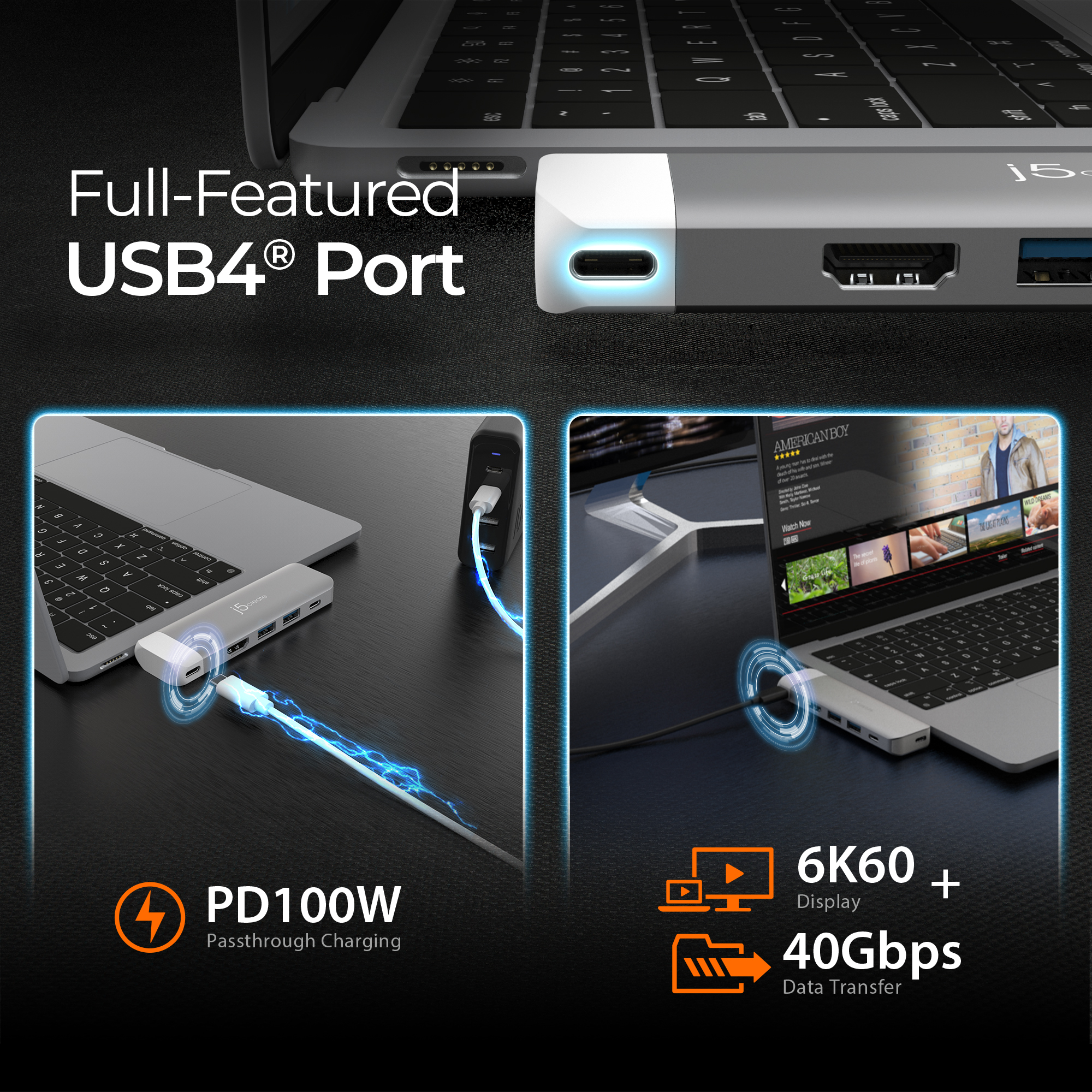 Un laptop e un hub USB-C con più porte, collegato a una fonte di alimentazione.