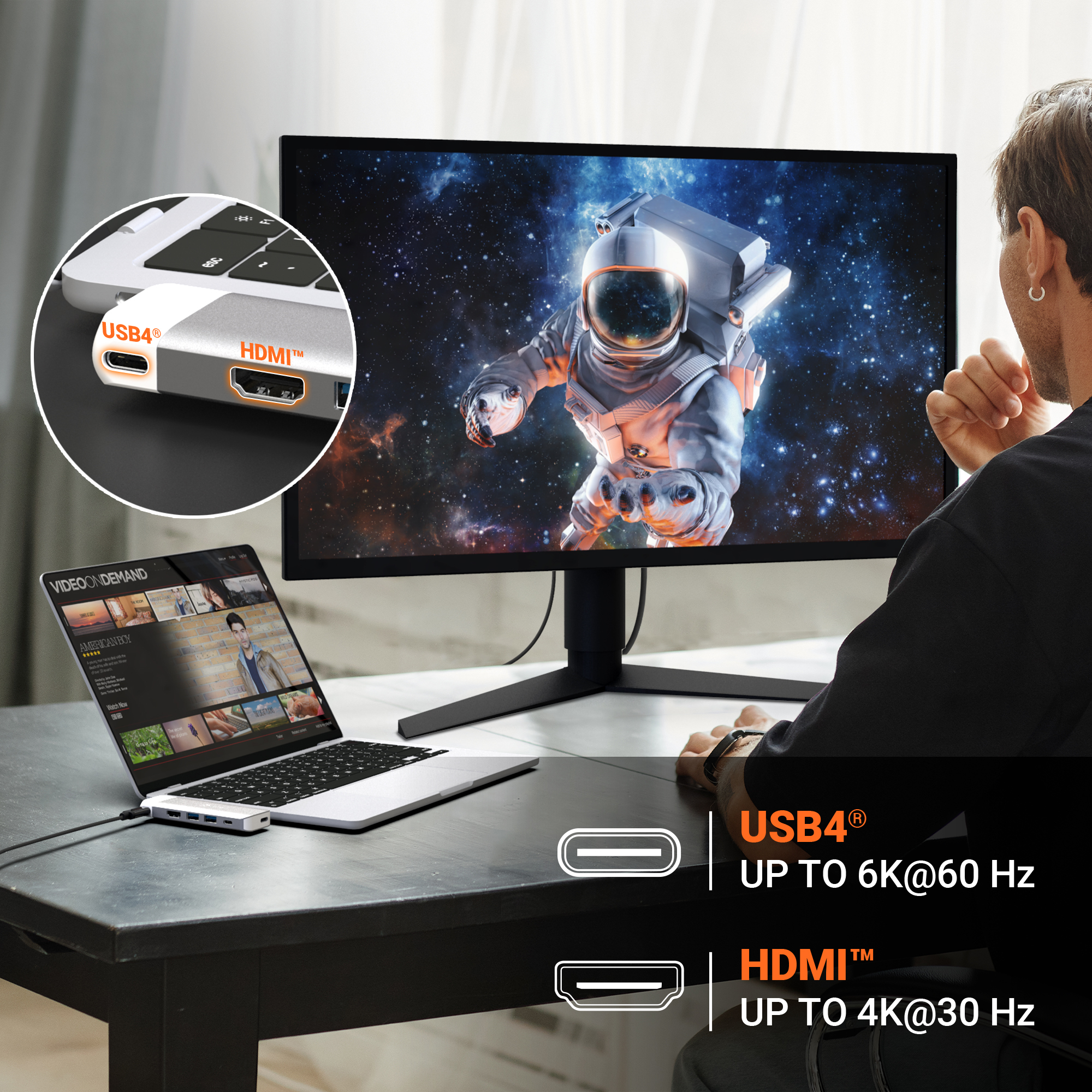 Uomo che utilizza un laptop collegato a un monitor, che mostra porte USB4 e HDMI e testo.