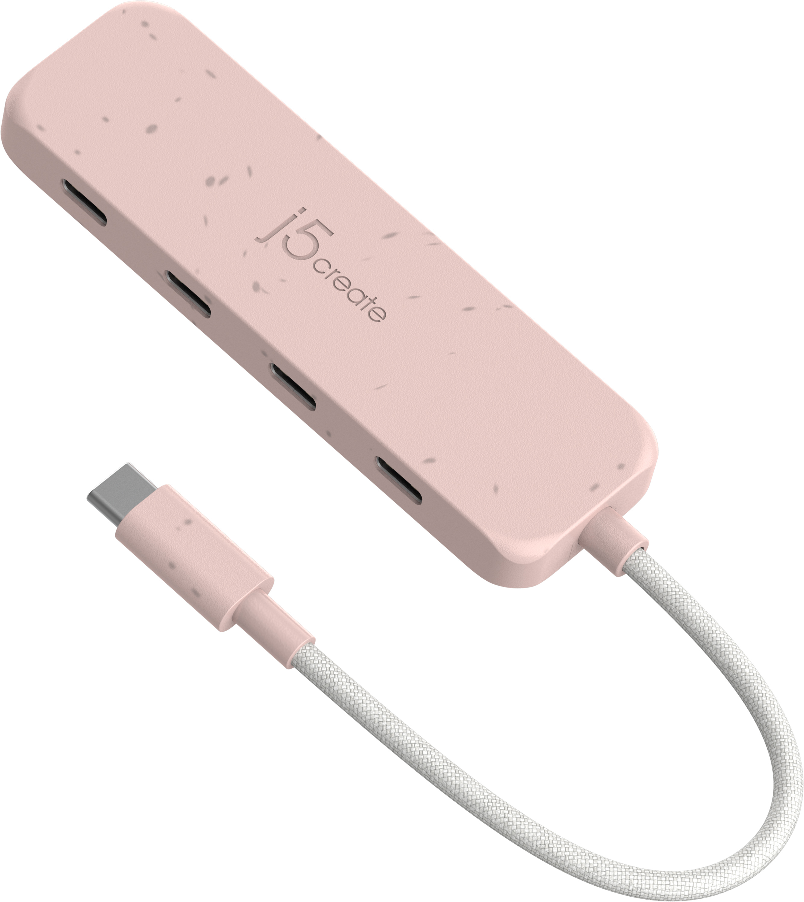 Hub USB rosa con 4 puertos y conector USB-C. El hub tiene un diseño moteado.