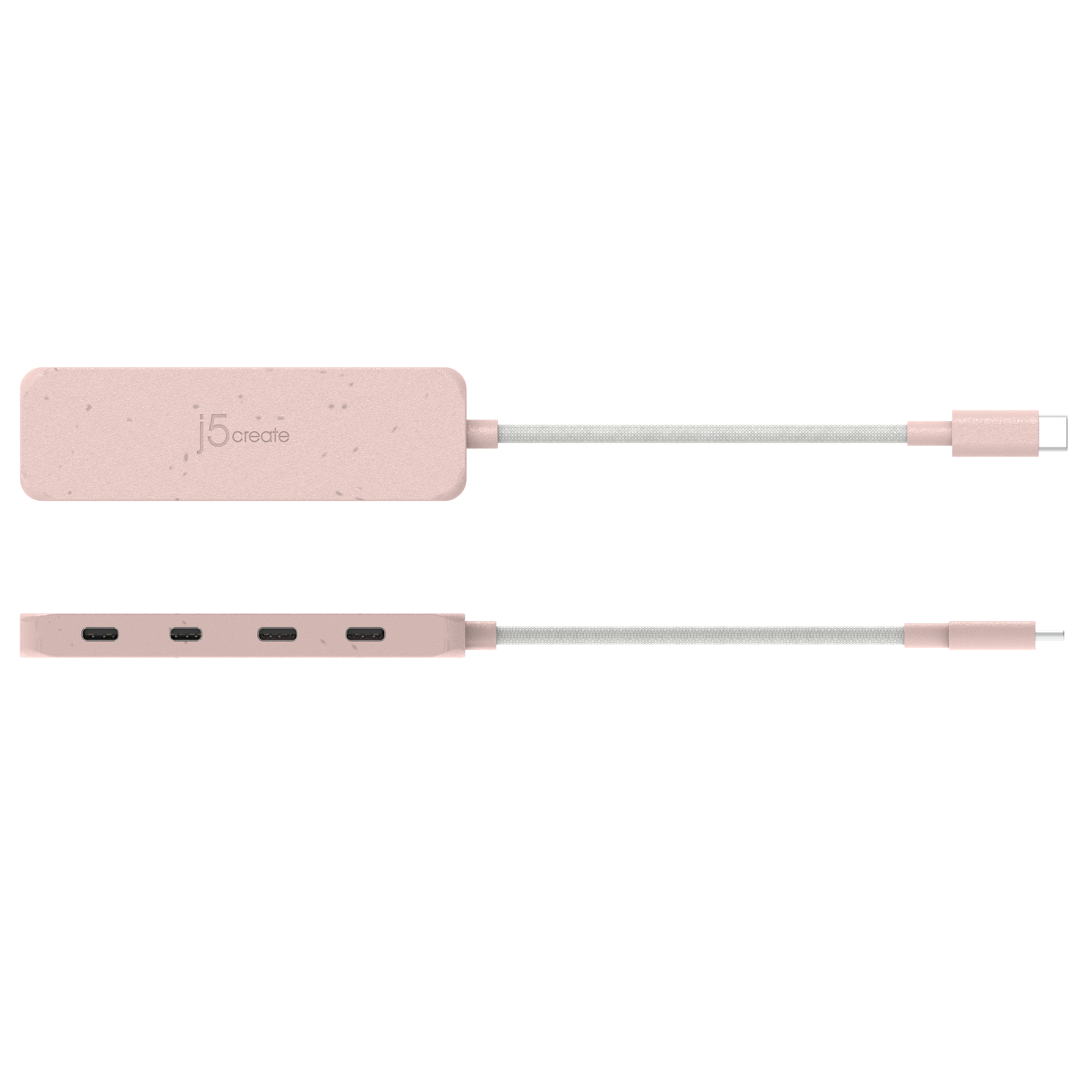 Concentrador USB-C rosa con múltiples puertos y cable, visto desde dos ángulos.