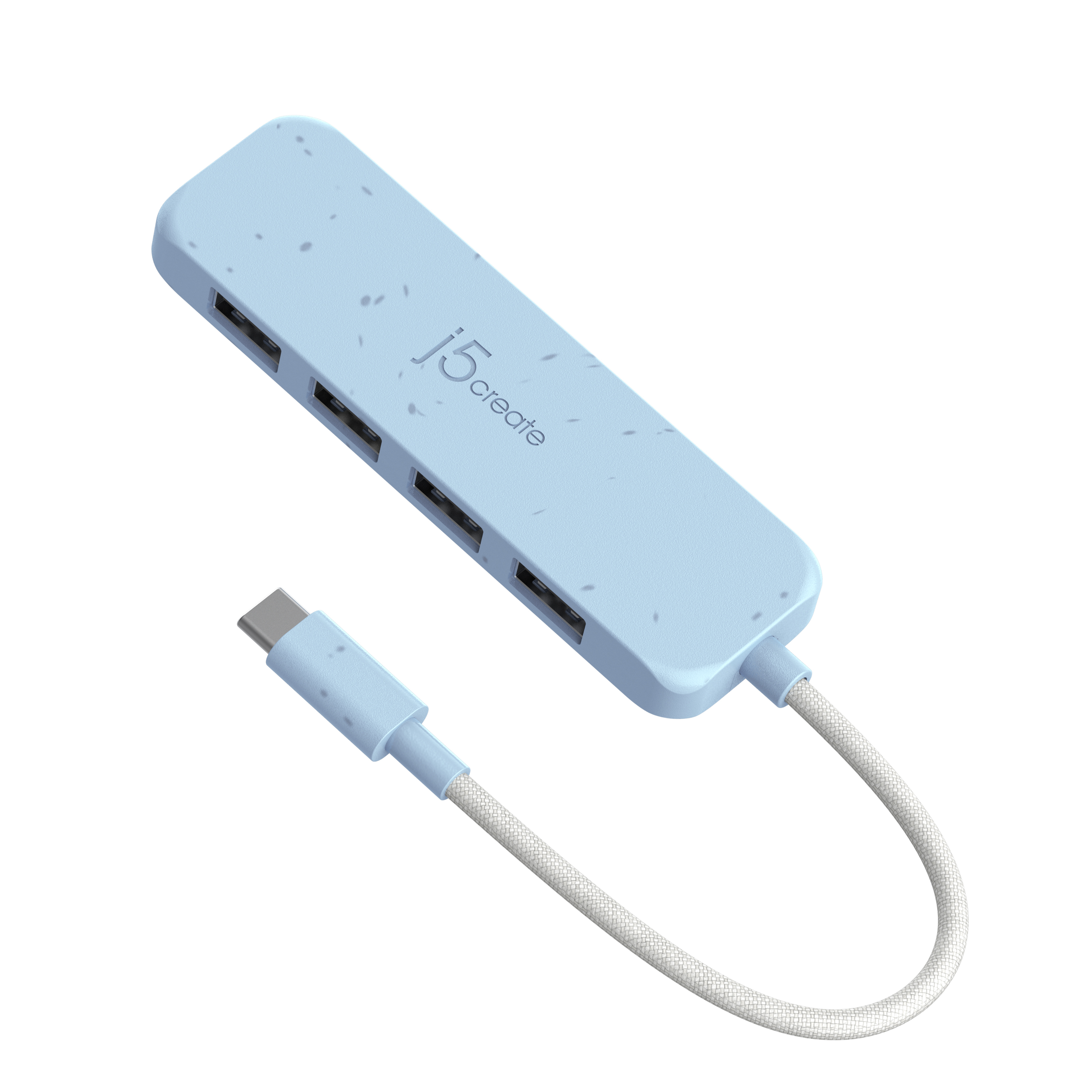 Ein hellblaues USB-Hub mit mehreren Anschlüssen und einem weißen Kabel.