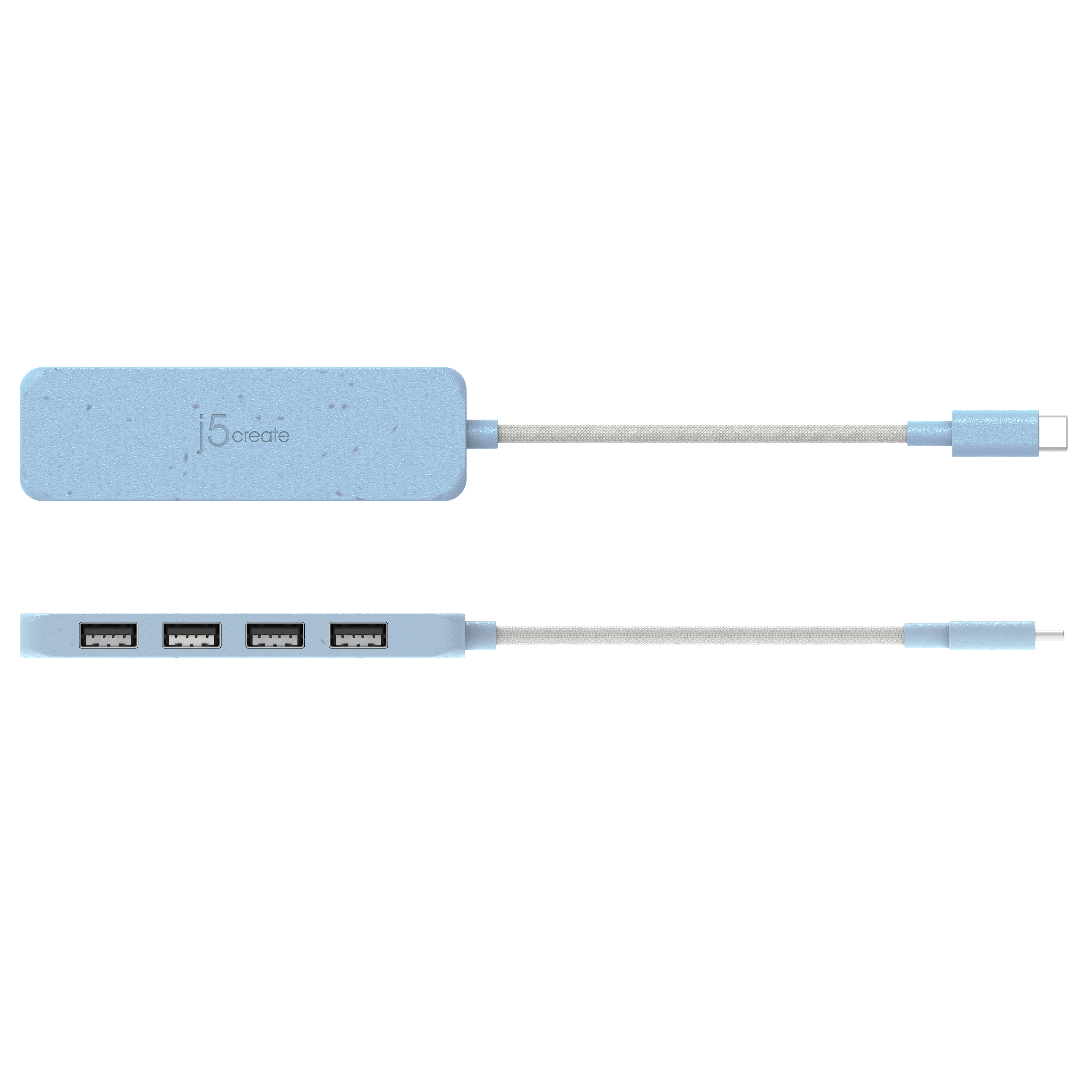 Ein blauer USB-Hub mit vier USB-Anschlüssen und einem Kabel.