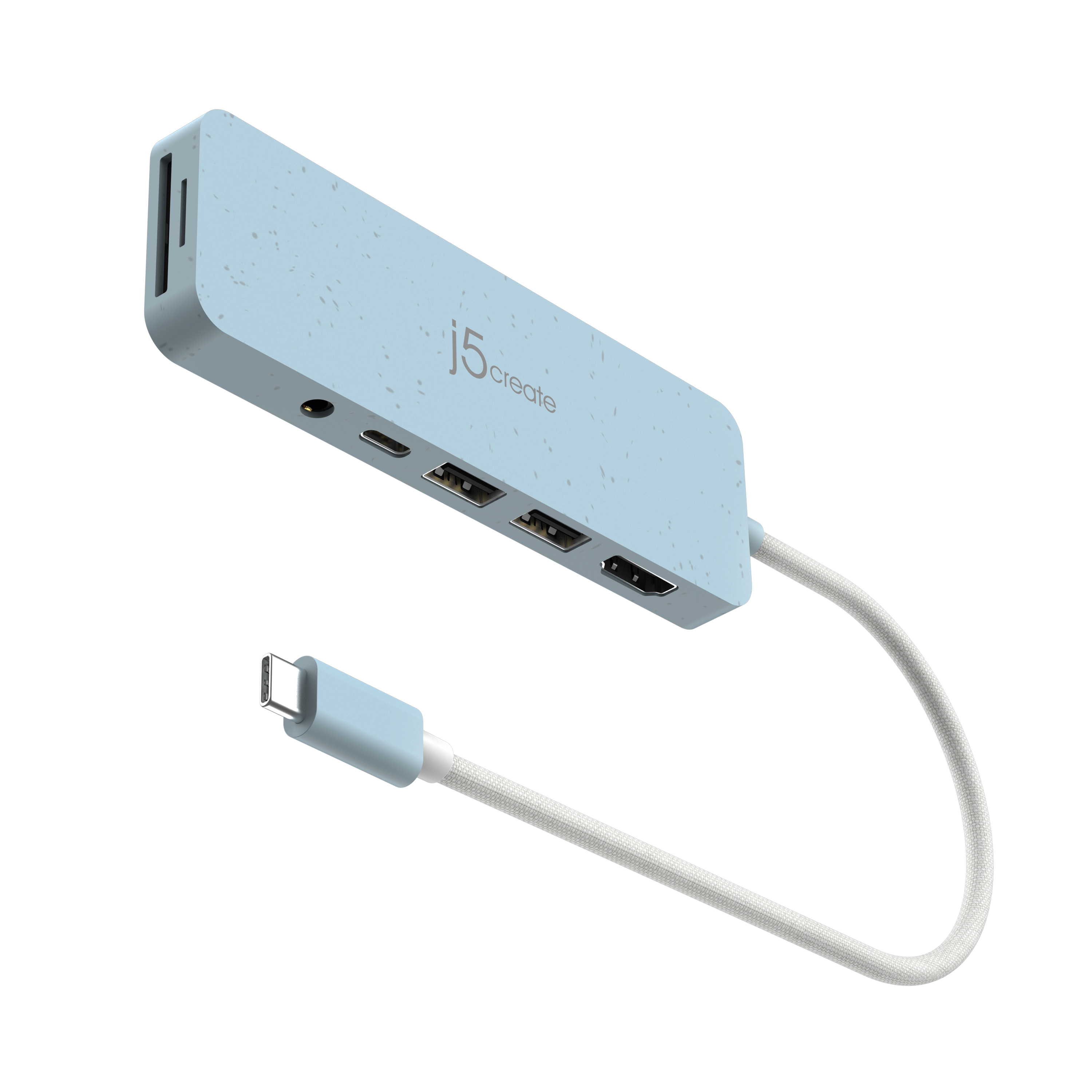 Viene mostrato un hub J5create azzurro, con diverse porte e un cavo con un connettore USB-C.