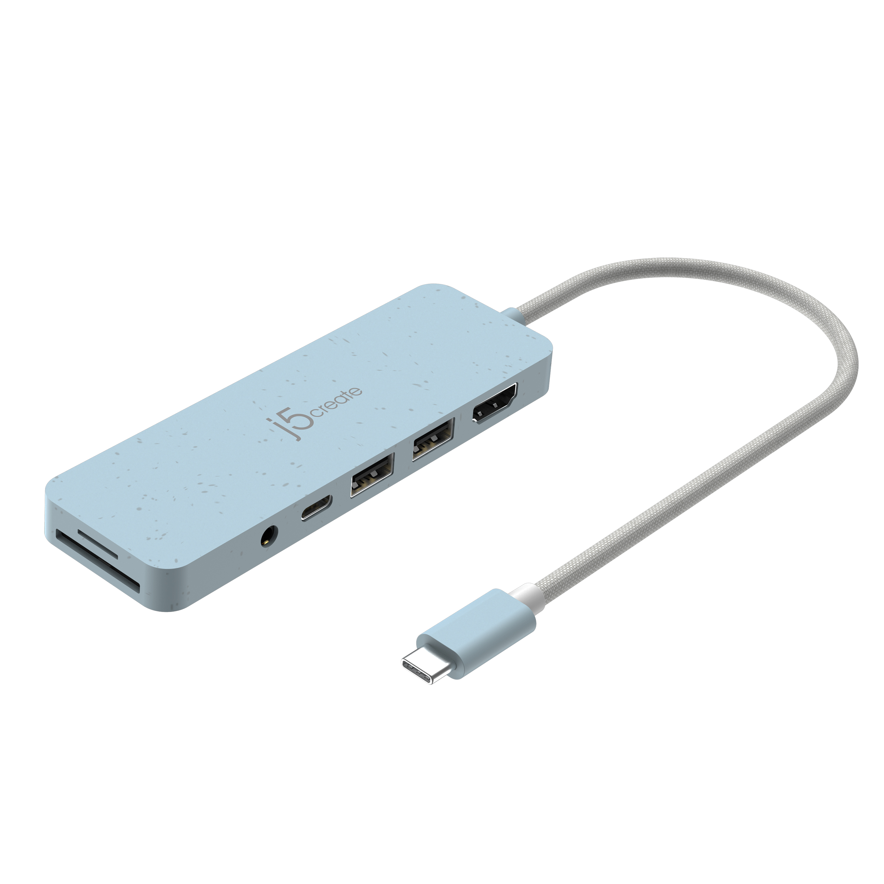 Un hub i5create azzurro chiaro con più porte e un cavo grigio con connettore USB-C.