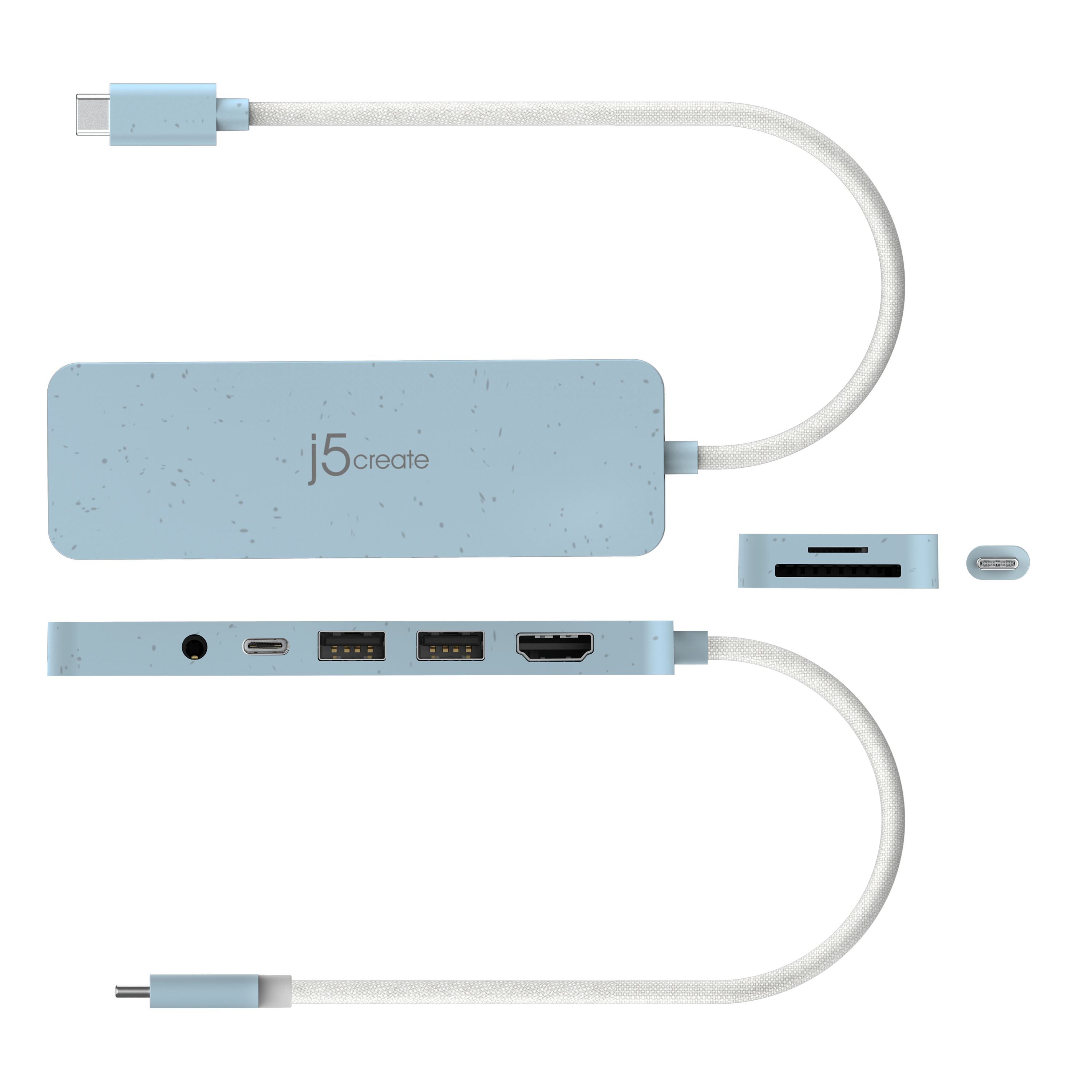 Hub USB-C blu con varie porte e un cavo bianco. Le porte includono USB, HDMI e lettore di schede.