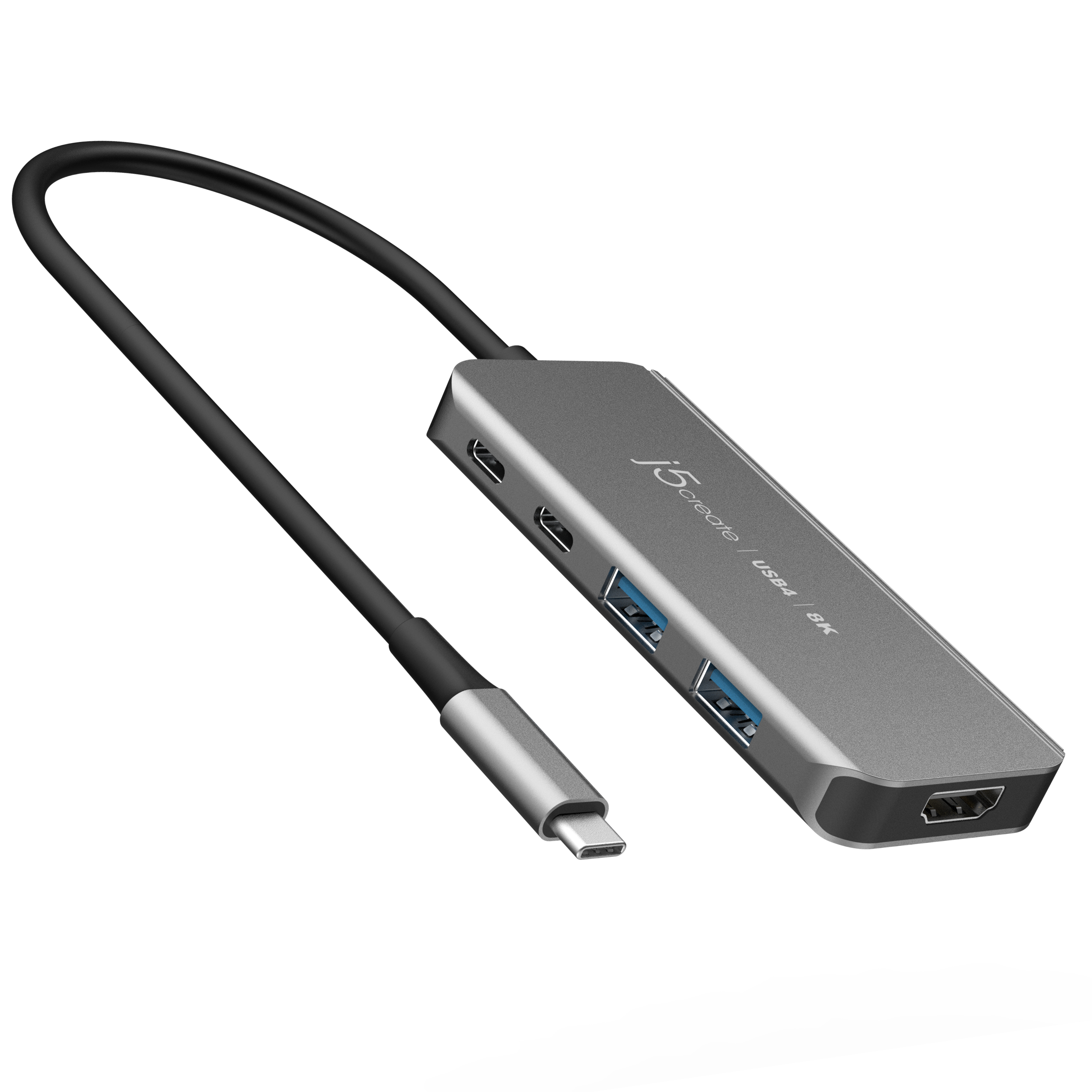 Un hub USB argentato con più porte e un cavo nero. Lo sfondo è bianco.