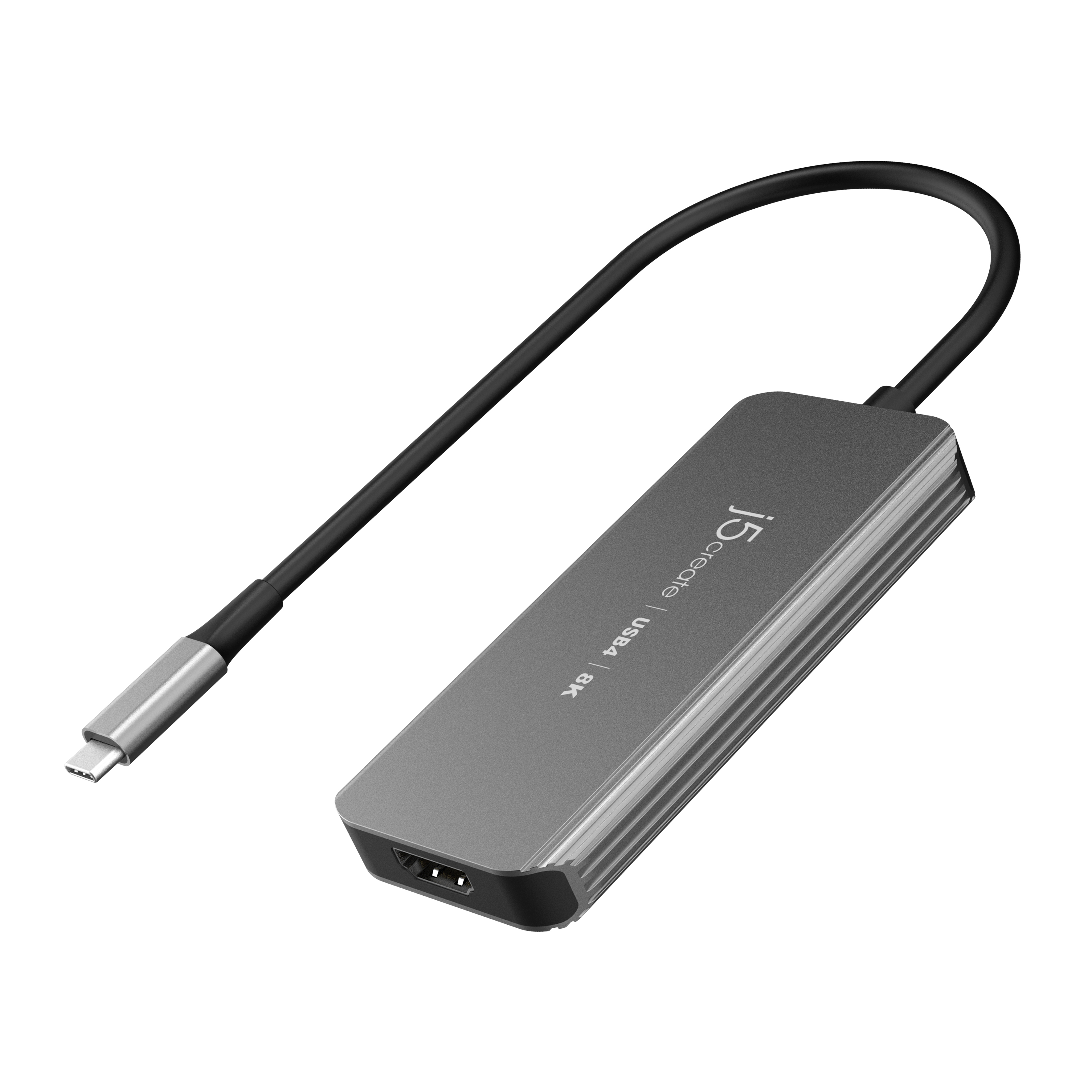 Un adattatore j5create USB4 8K grigio con porta USB-C e HDMI e un cavo nero.