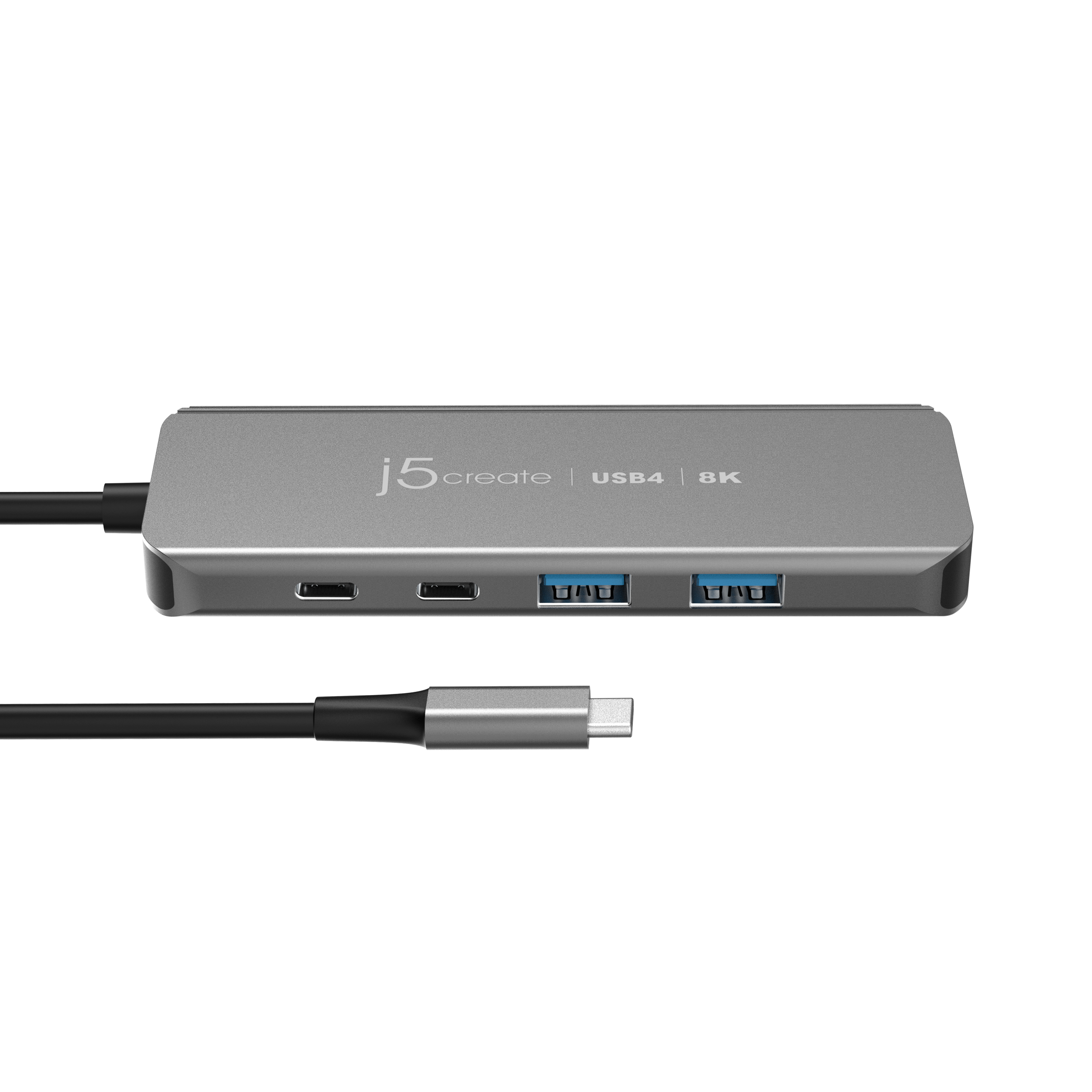 Un hub USB grigio con cavo nero e connettore USB-C. Marchio j5create.