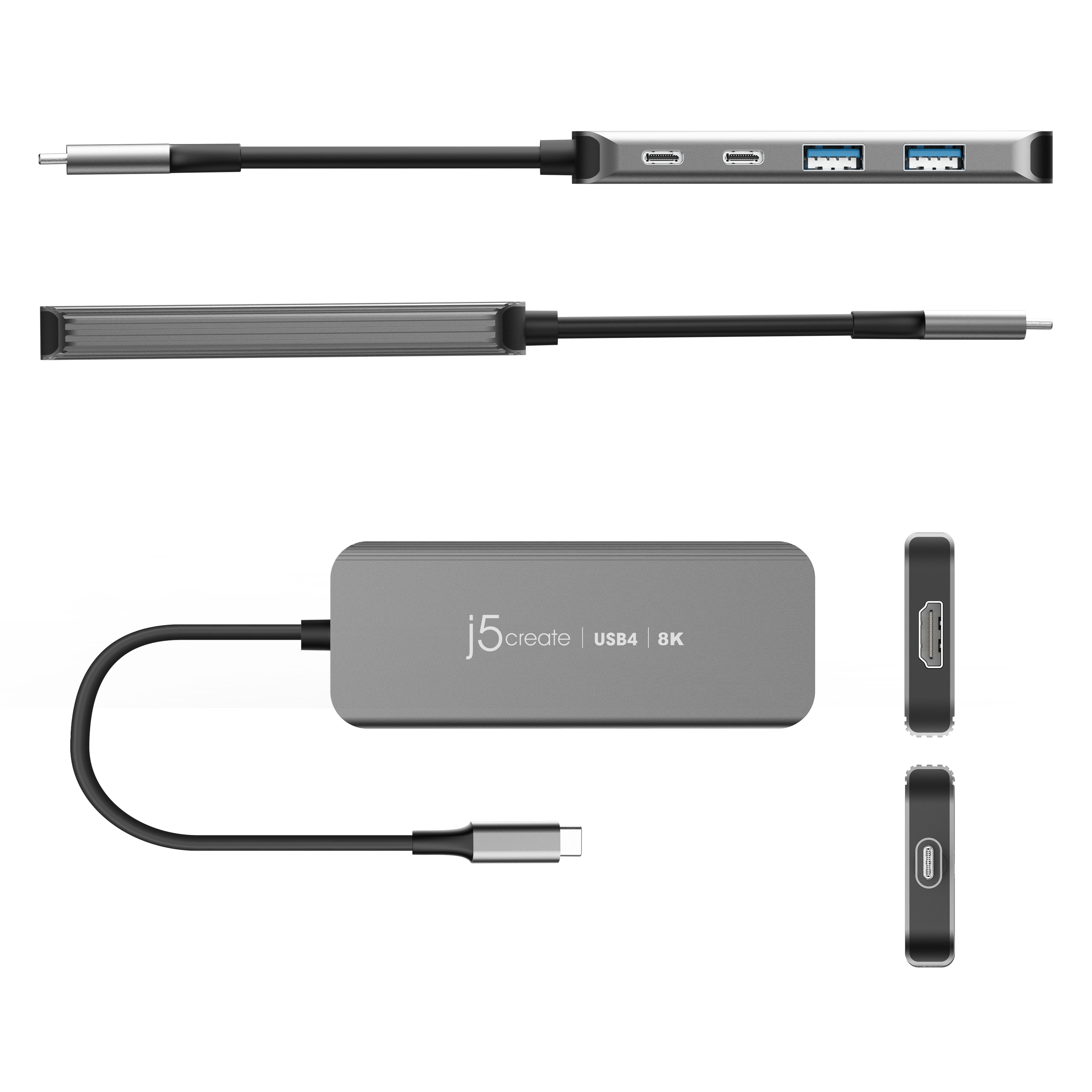 Hub USB grigio con più porte: USB, USB-C e HDMI. Il cavo è collegato a sinistra.