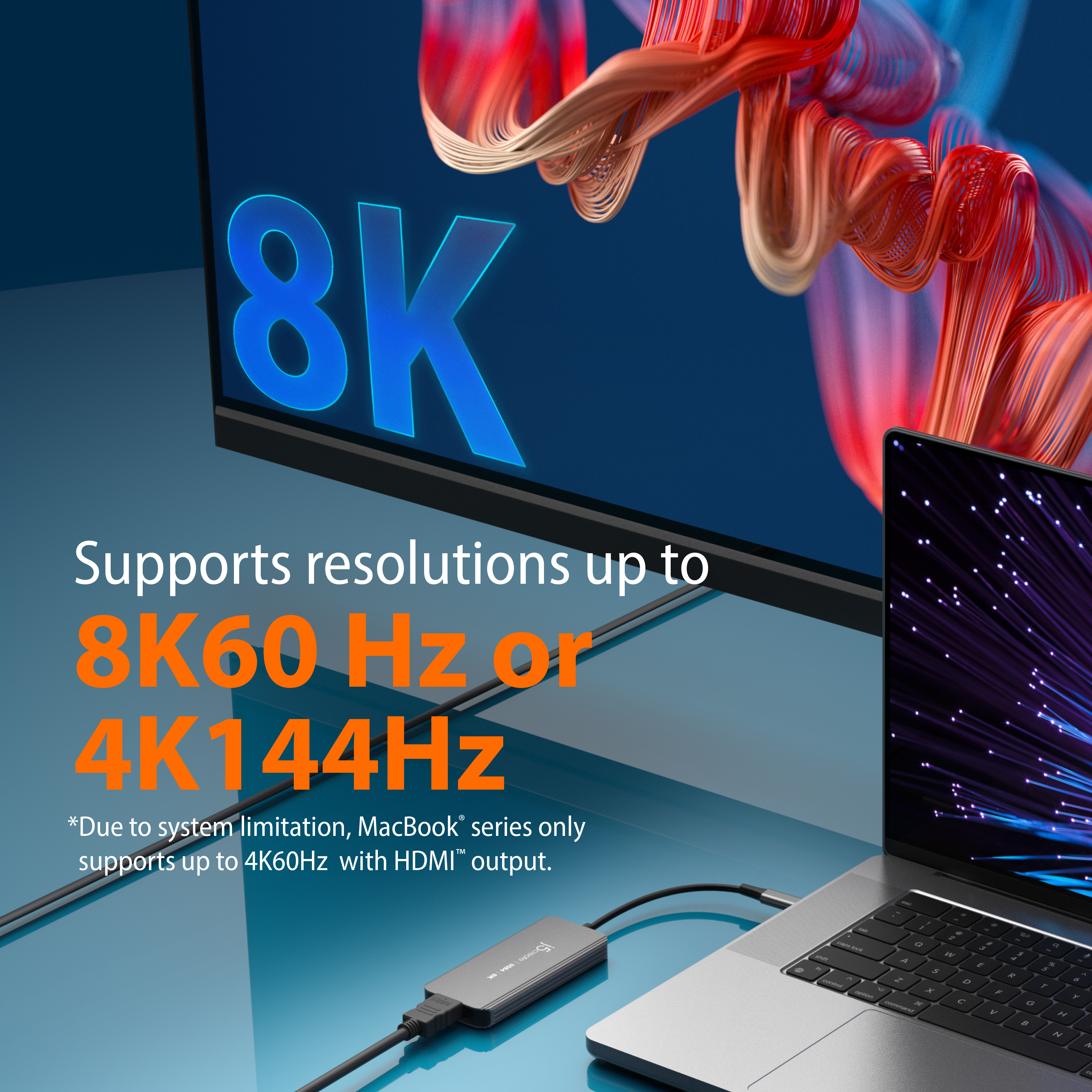 Un laptop collegato a un dispositivo e a un grande schermo, che mostra il supporto per la risoluzione 8K.