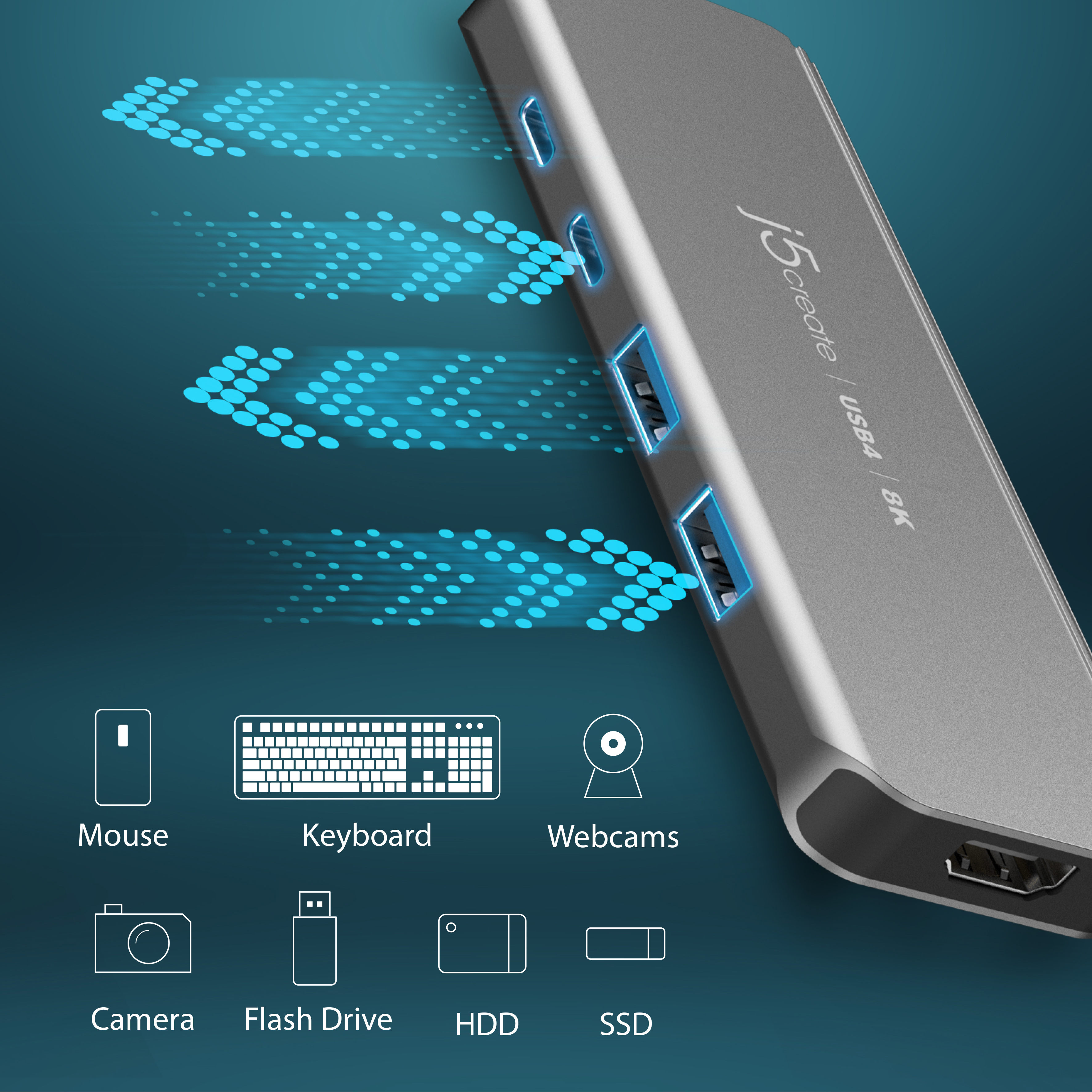 Un hub USB grigio con porte e icone per mouse, tastiera, webcam, fotocamera, ecc., su blu.