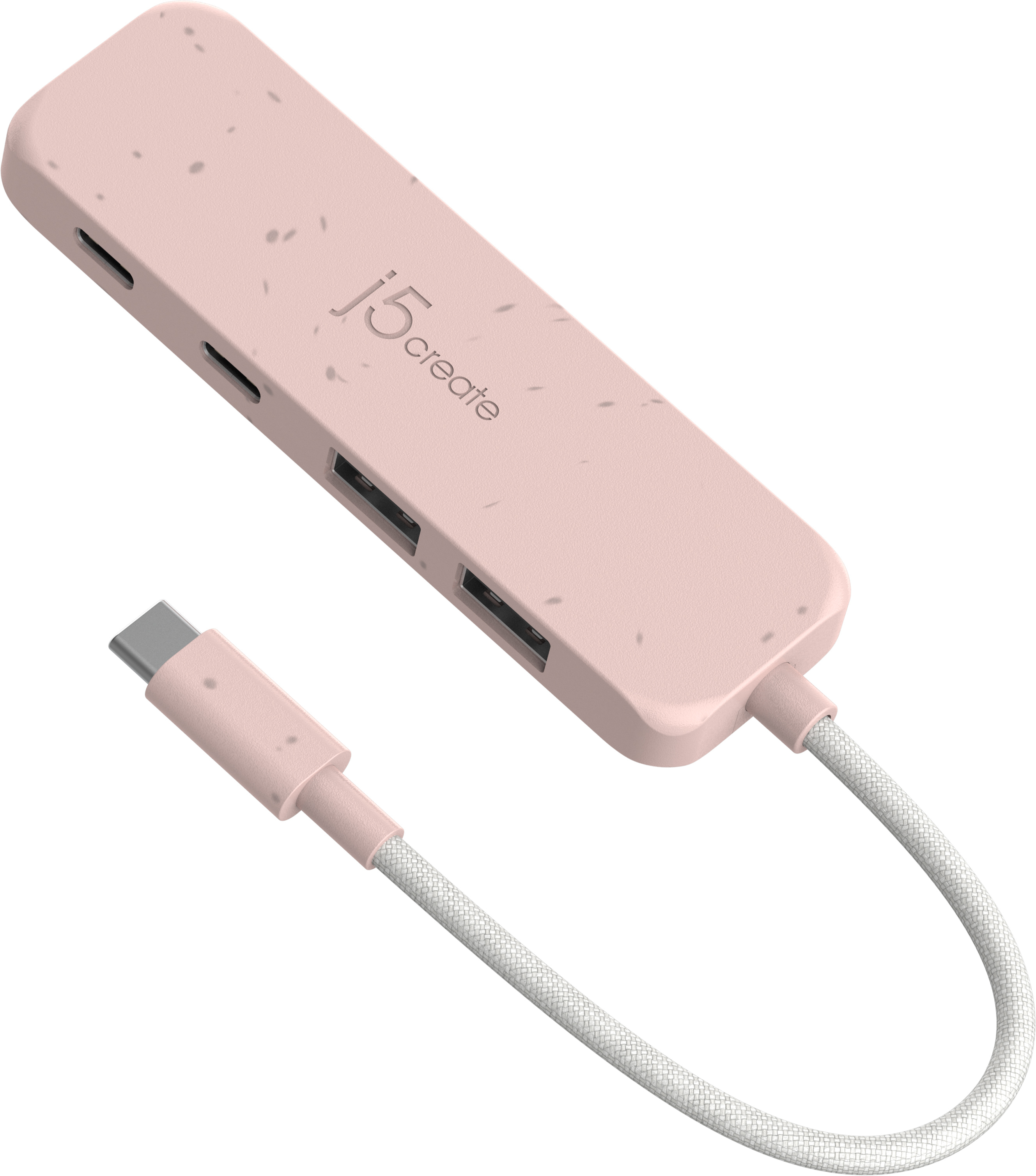 Hub USB-C rose avec plusieurs ports. Le câble est blanc avec un connecteur rose.