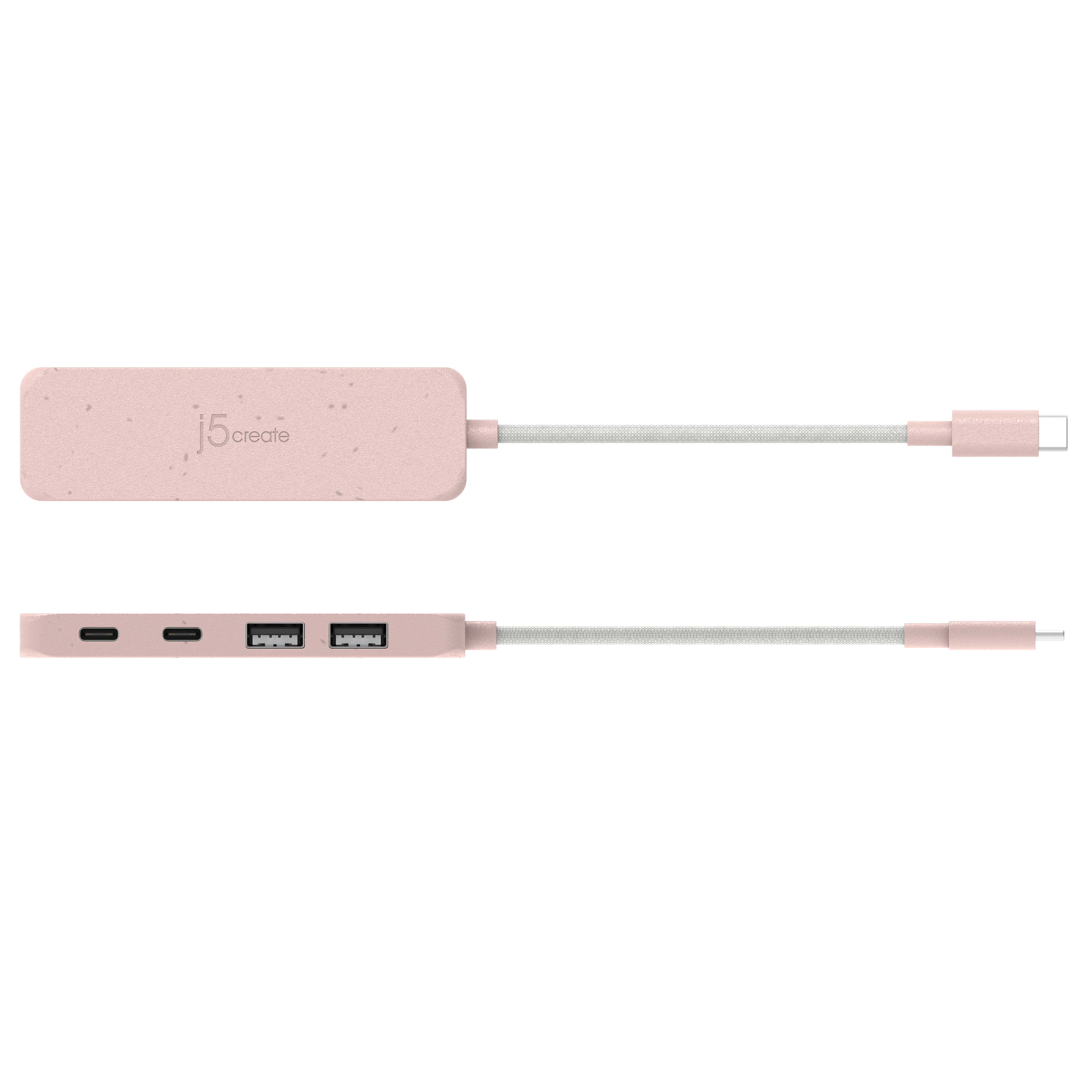 Hub USB rose avec plusieurs ports et un câble assorti.