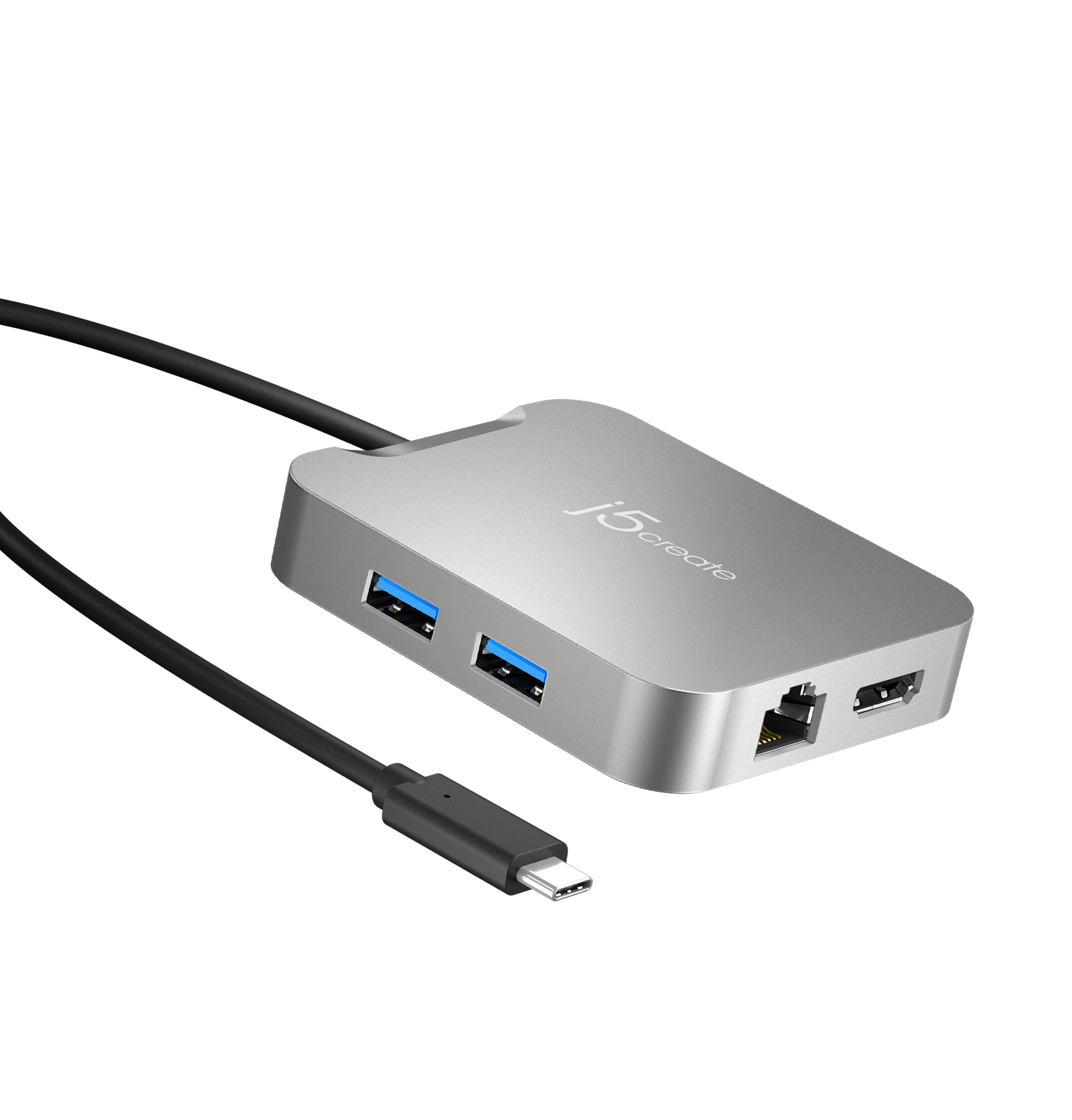 Silberner USB-Hub mit USB-Anschlüssen, einem Ethernet-Anschluss und einem USB-C-Kabel.