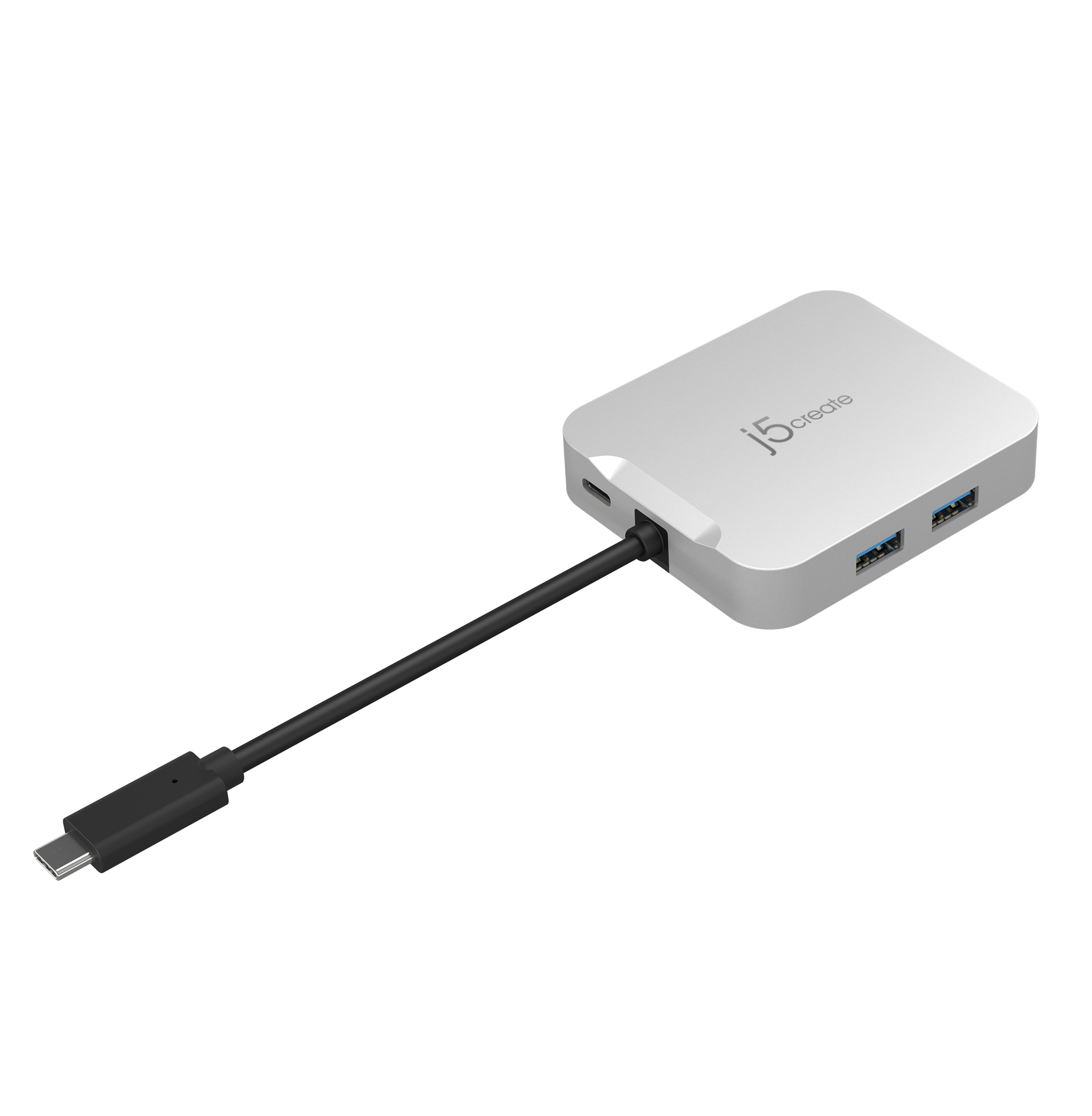 Silberner j5create USB-Hub mit schwarzem Kabel, weißer Hintergrund. Drei USB-Anschlüsse.