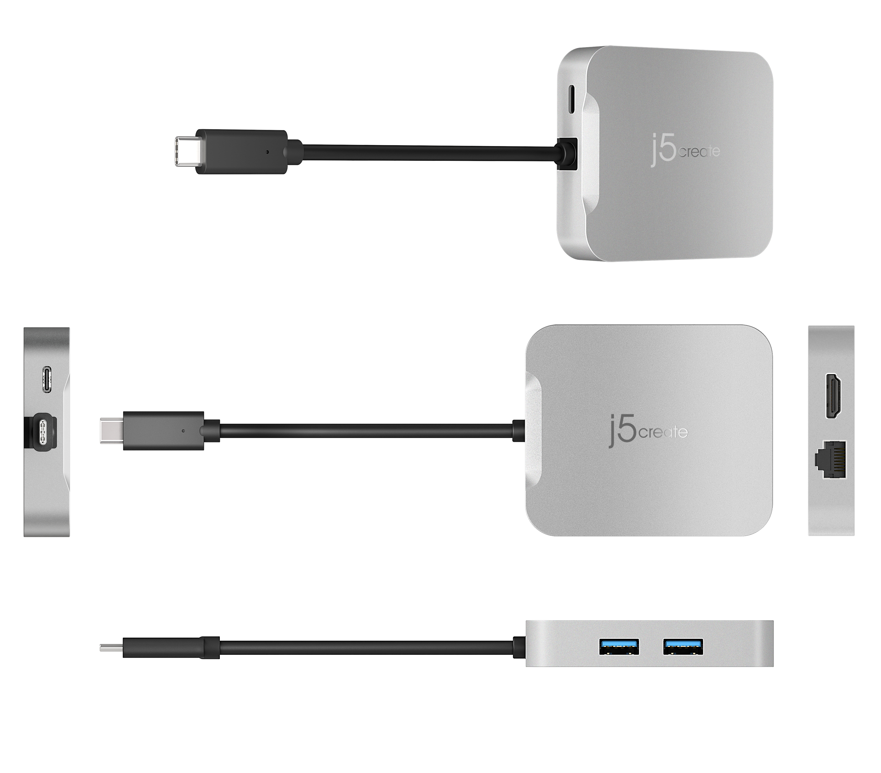 Silberner USB-Hub mit drei Ansichten und einem schwarzen Kabel.