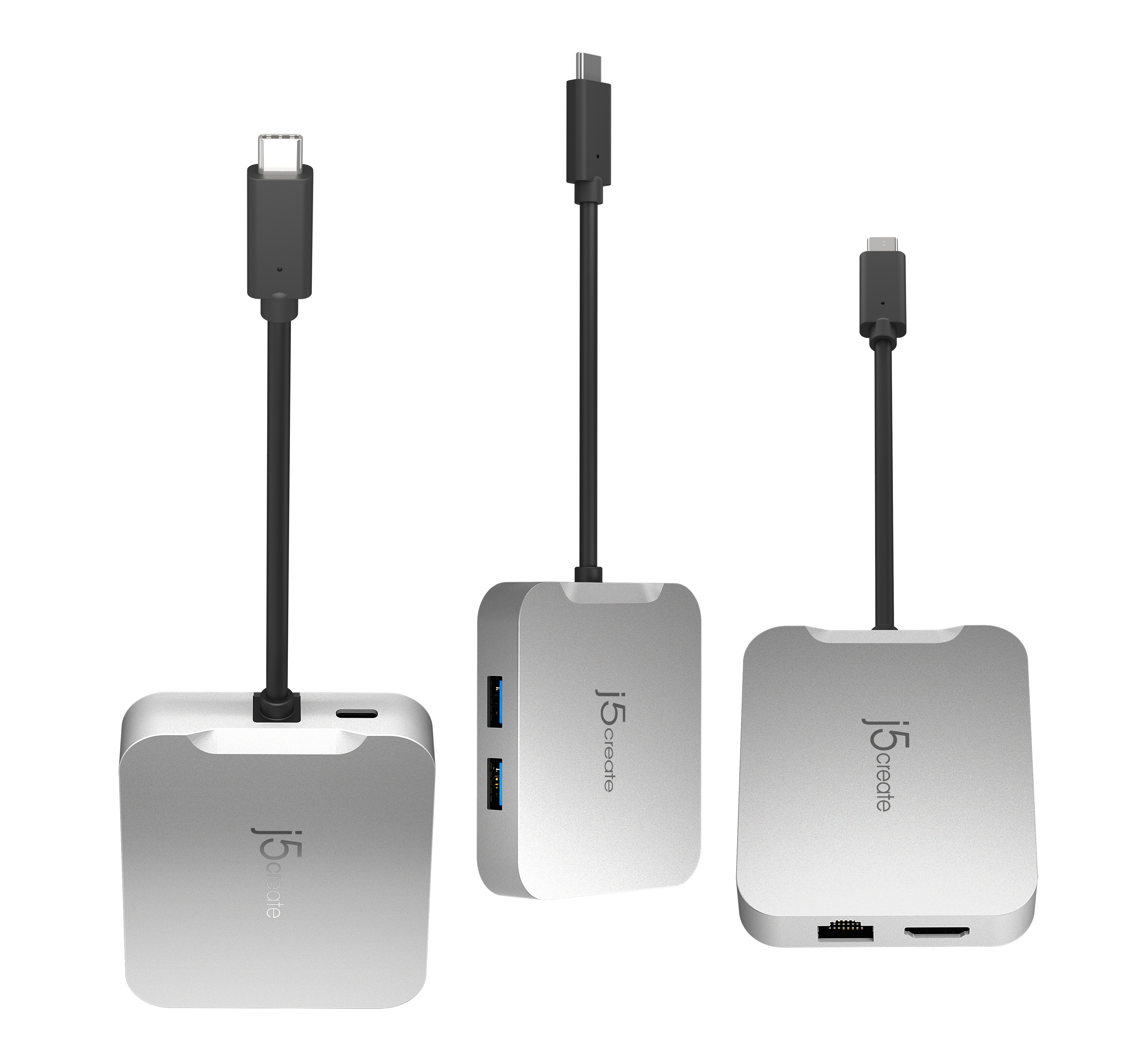 Silberner j5create USB-C-Hub mit mehreren Anschlüssen. Er hat ein schwarzes Kabel und ein modernes Design.