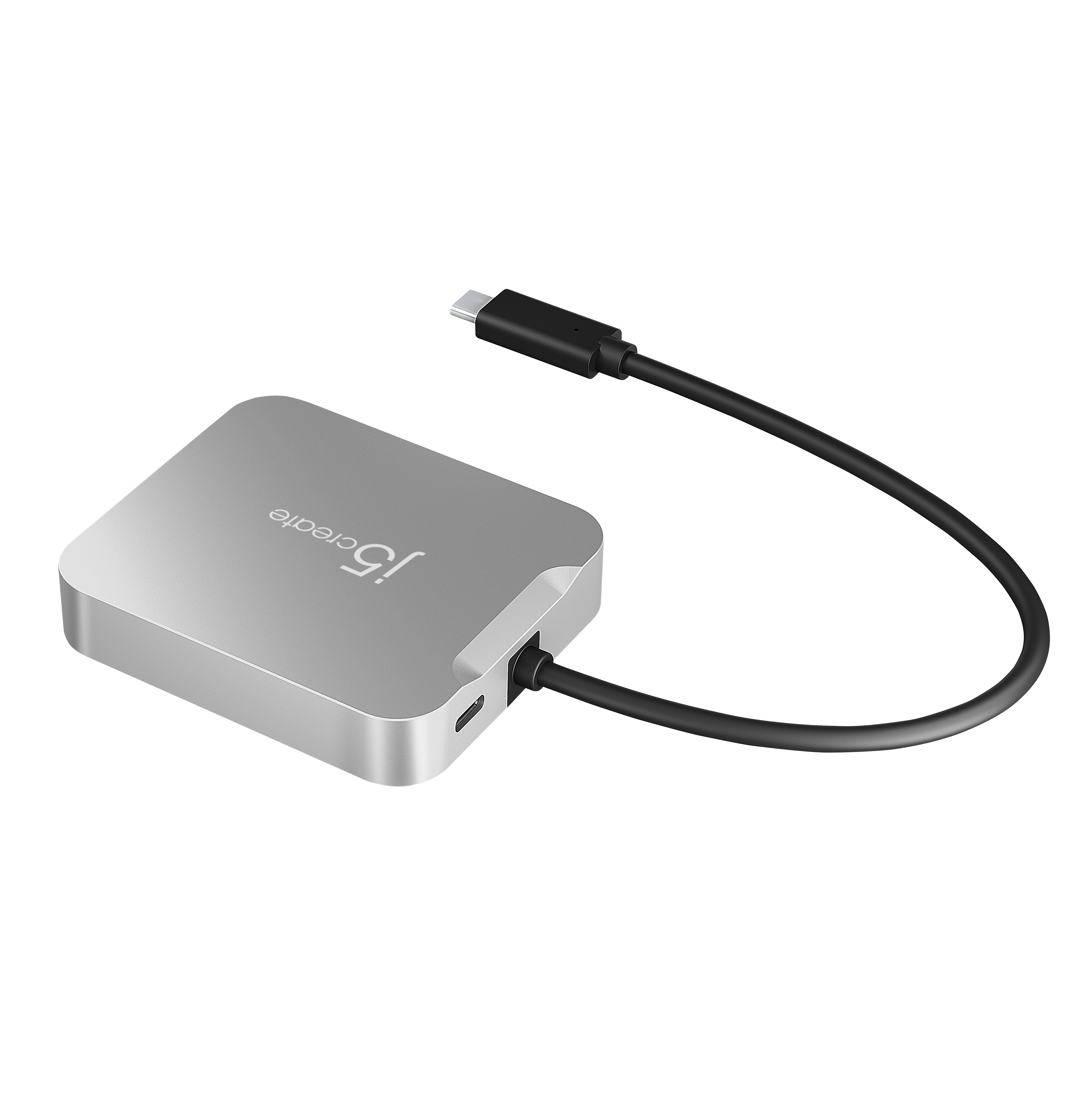 Silberner USB-C-Hub mit schwarzem Kabel. Der Hub hat das Logo 'j5create'. Weißer Hintergrund.