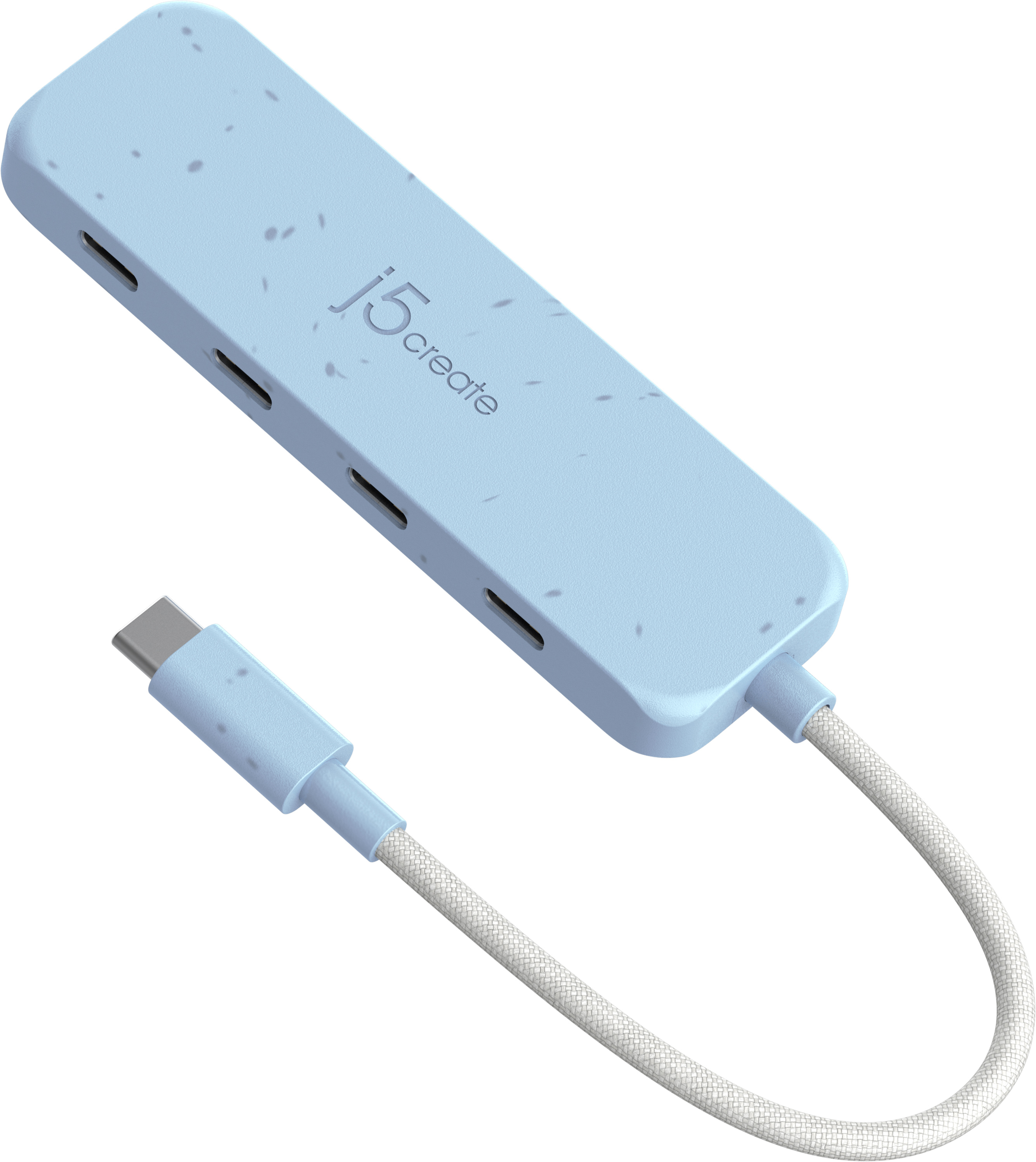 Hub USB-C bleu clair avec plusieurs ports et un câble blanc.