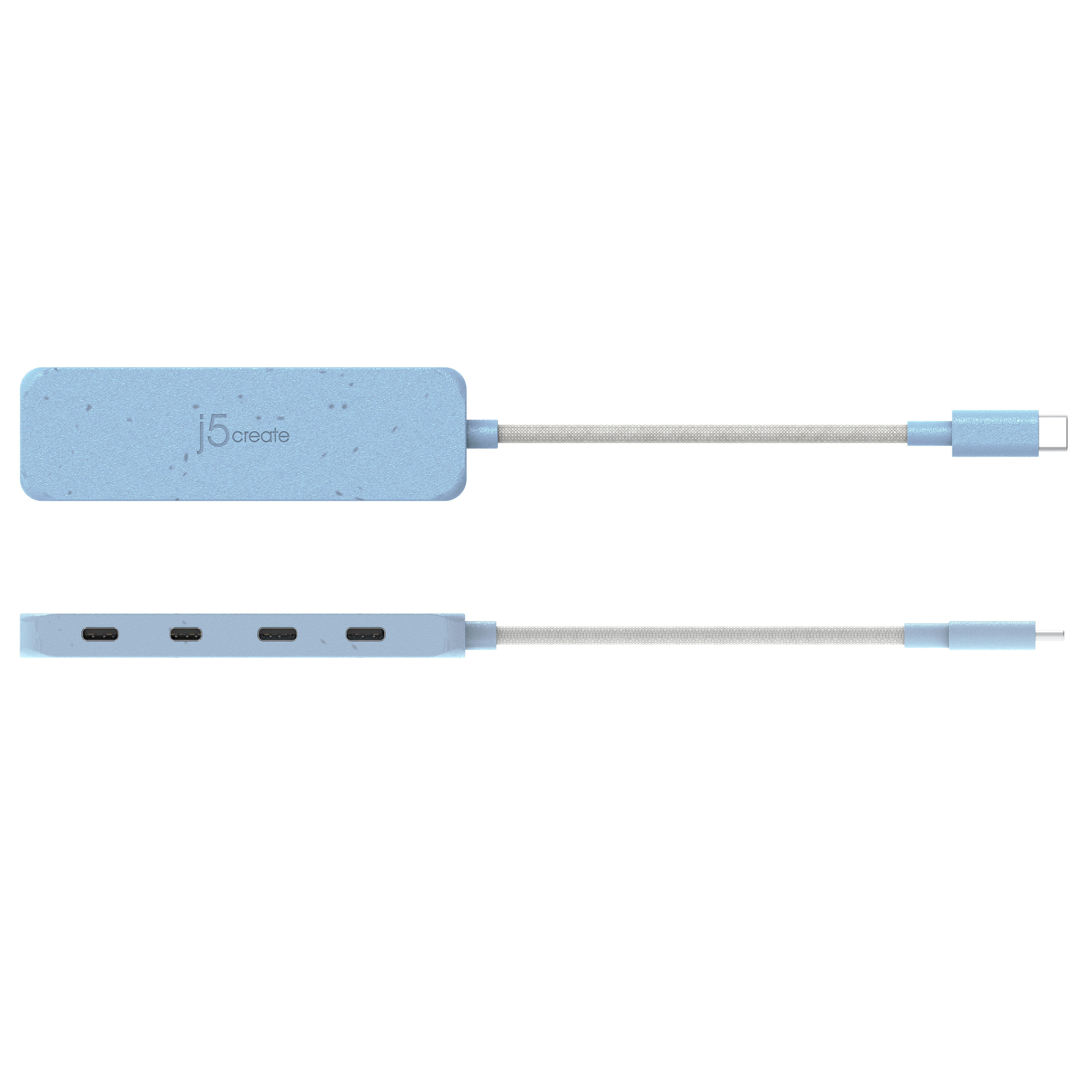 Hub USB-C bleu avec plusieurs ports. Vues de dessus et de côté sur fond blanc.