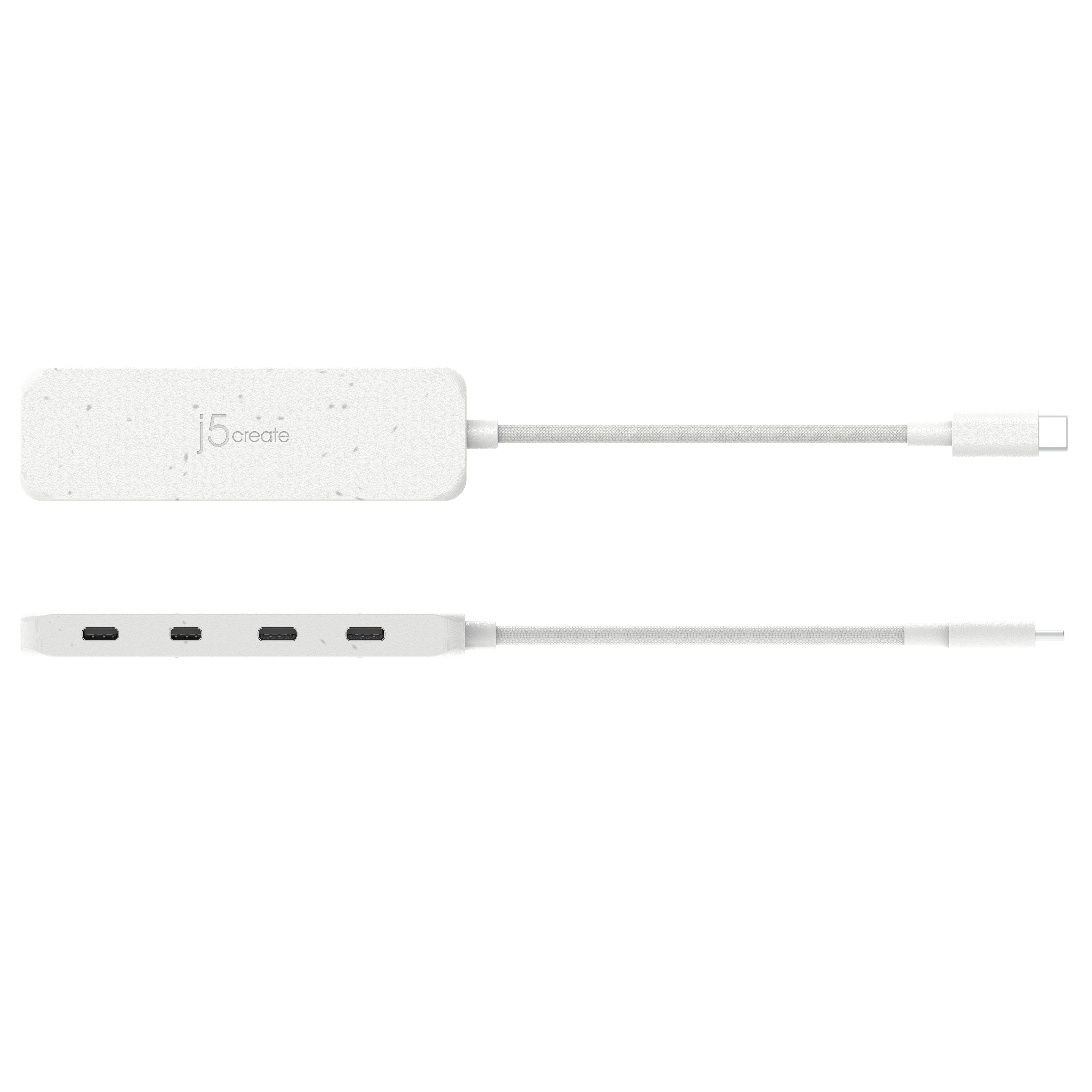 Weißer j5create-Hub mit mehreren Anschlüssen und einem angeschlossenen weißen Kabel vor weißem Hintergrund.