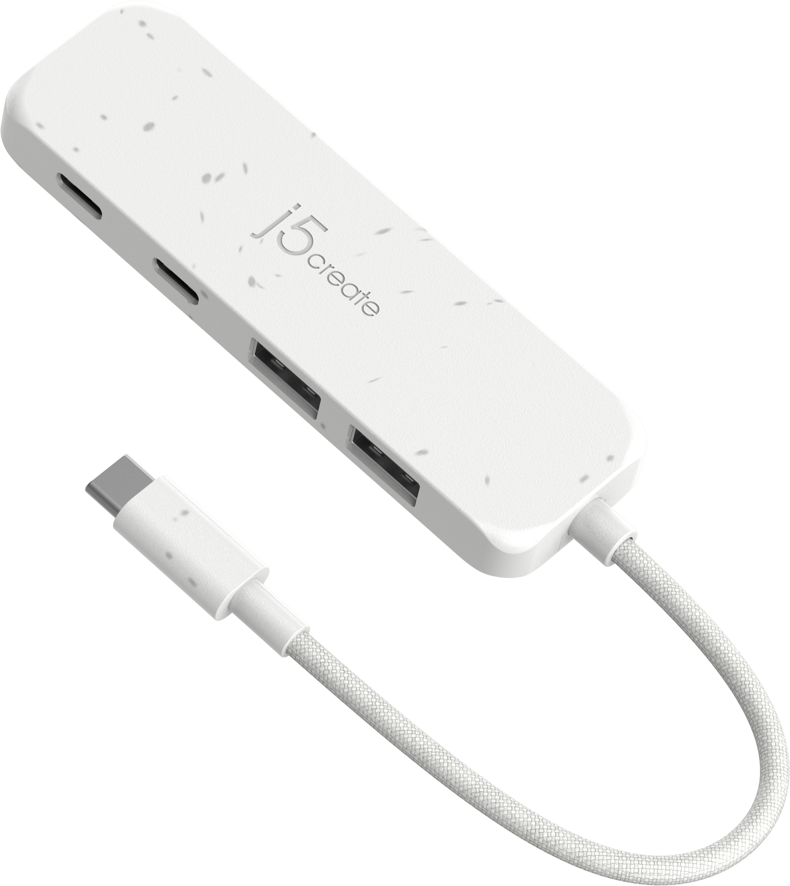Weißer USB-C-Hub mit mehreren Anschlüssen und einem Kabel.