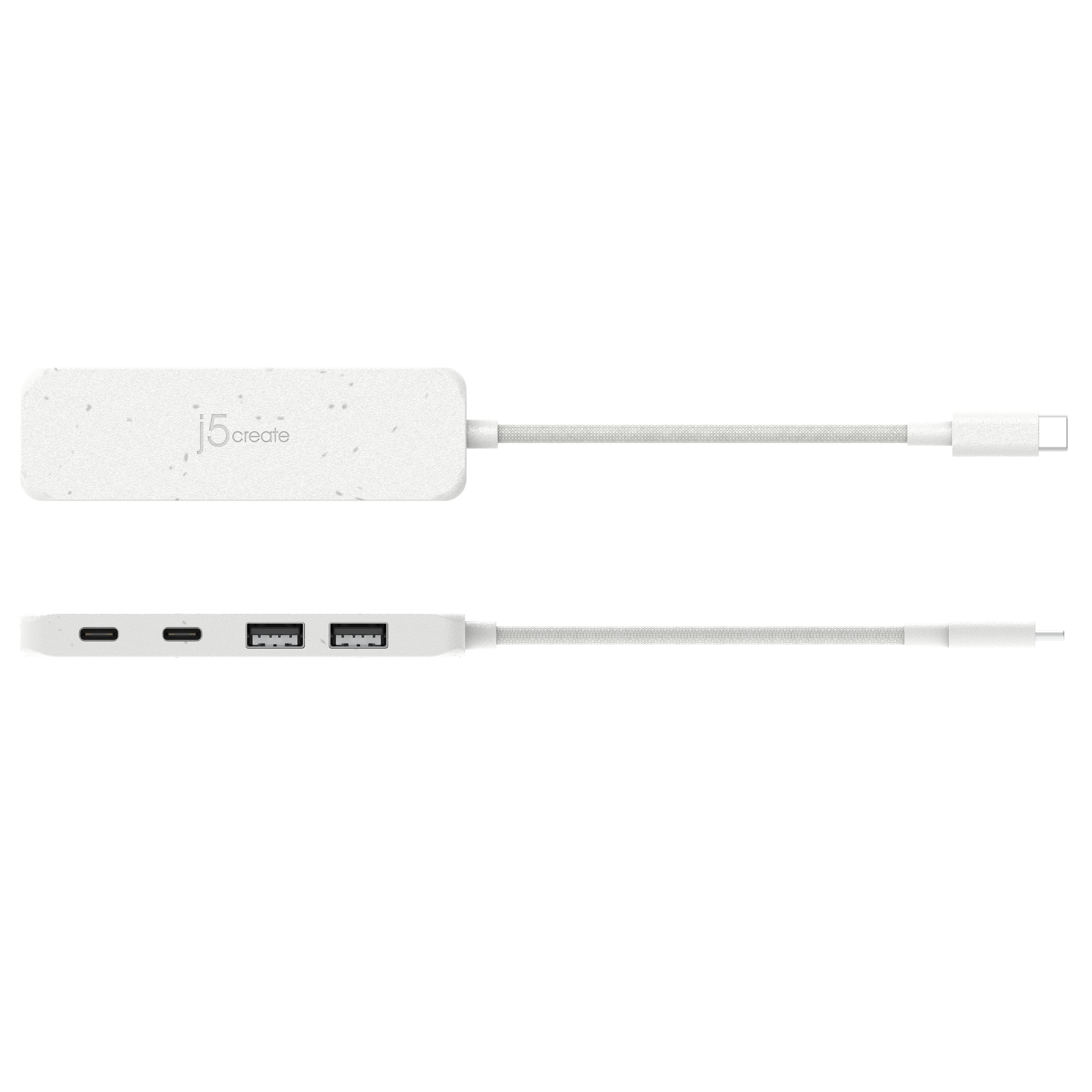 Ein weißer USB-C-Hub mit mehreren Anschlüssen: USB-C, USB-A und mehr. Es ist vor weißem Hintergrund.