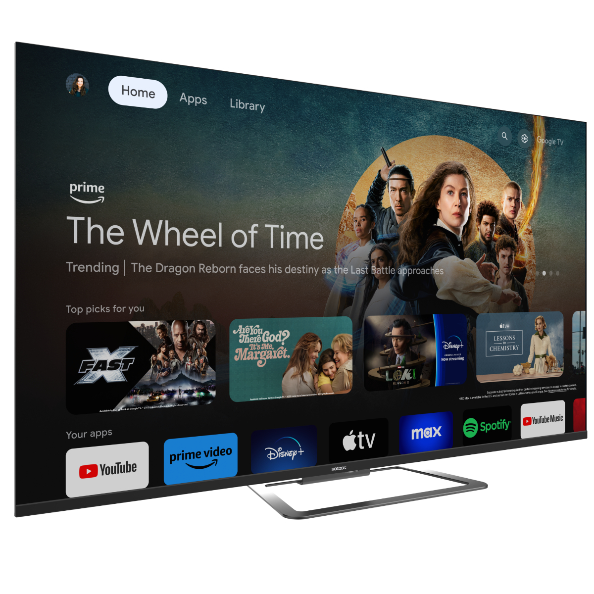 Groot tv-scherm met een streamingdienstinterface met filmaanbevelingen en app-pictogrammen.