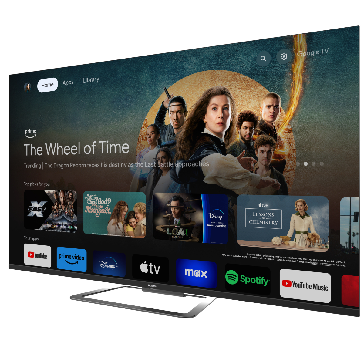 Groot beeldscherm TV met een streaming service interface met film- en serie selecties.