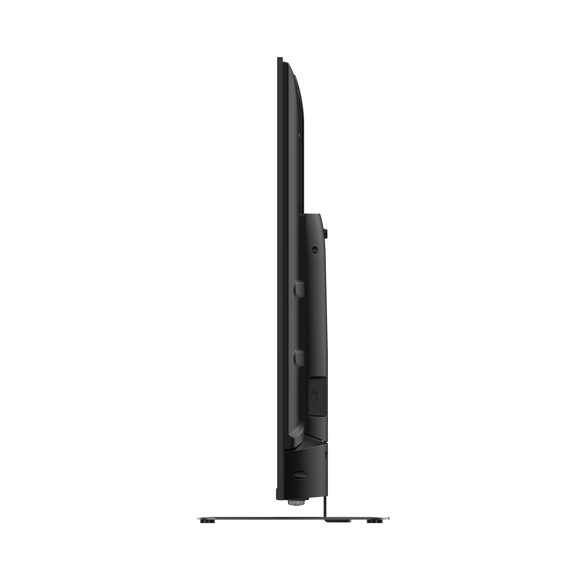 Een zijaanzicht van een zwarte flatscreen-tv op een zwarte standaard. De achtergrond is ook zwart.