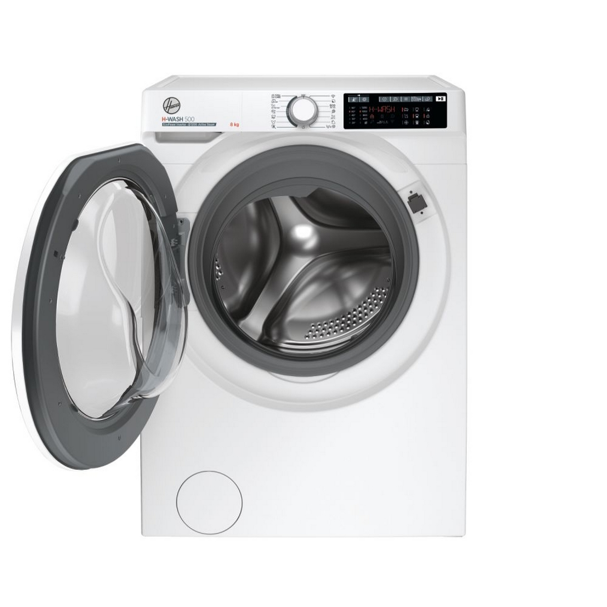 Witte Hoover wasmachine met de deur open, die de binnenkant van de trommel laat zien.