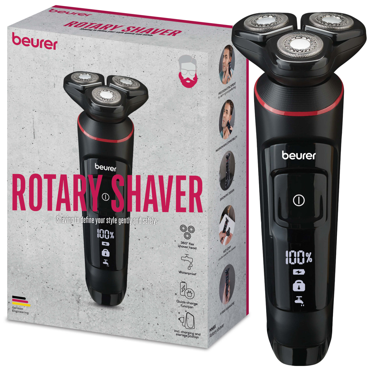 Rasoir rotatif noir avec boîte. La boîte indique 'Rotary Shaver'. Le rasoir a trois têtes et un affichage numérique.