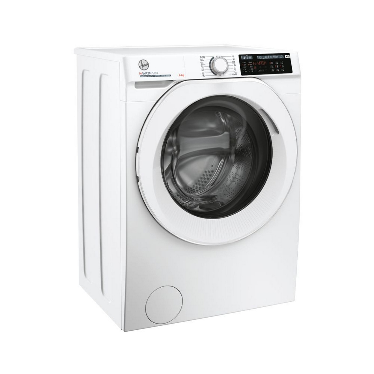 Een witte wasmachine met een zwart patrijspoort. De machine heeft een bedieningspaneel aan de bovenkant.