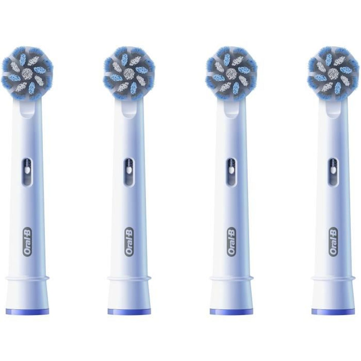 Quattro testine bianche per spazzolino con setole blu. Ognuna ha il marchio 'Oral-B'.