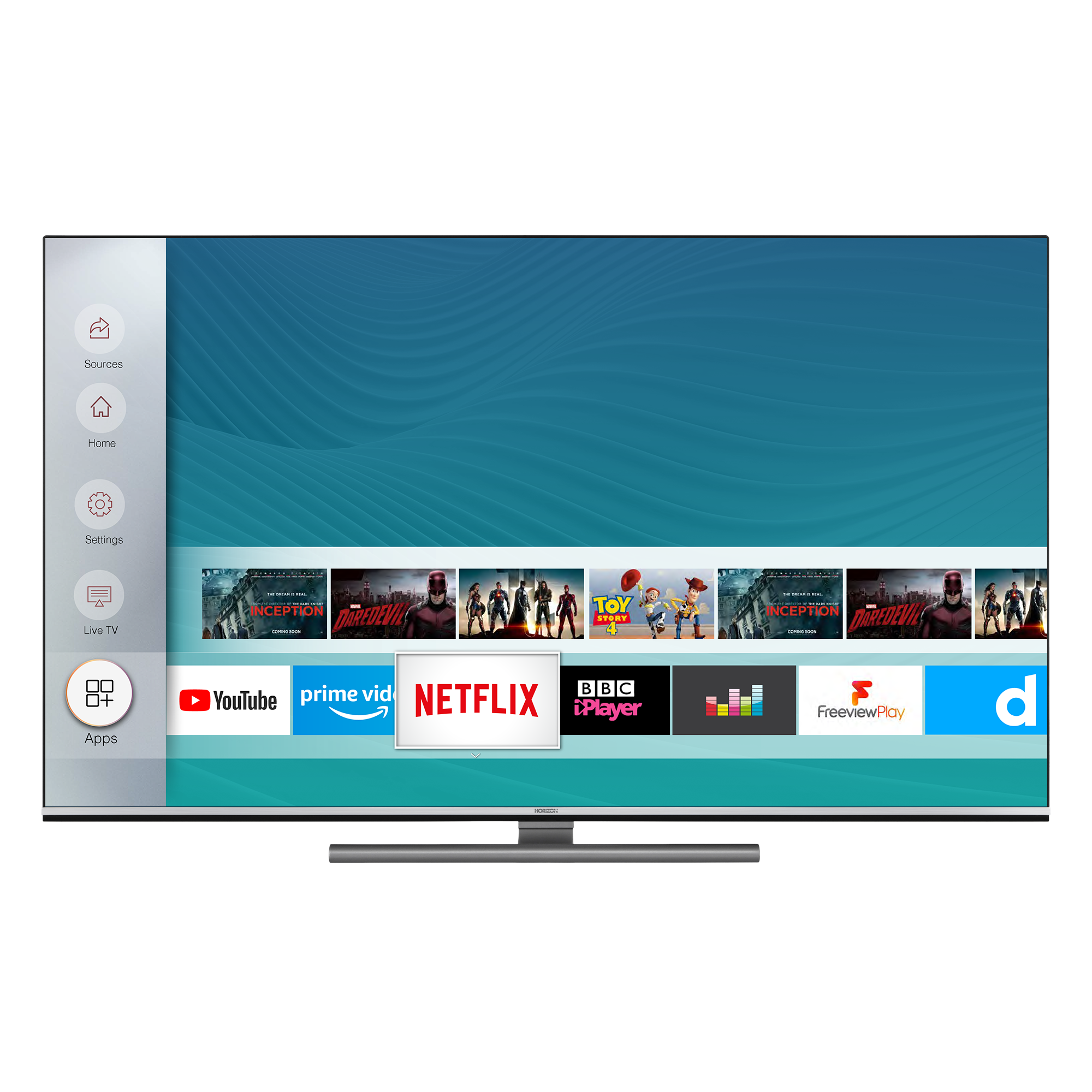 Un grand écran de télévision affichant diverses applications, dont Netflix et YouTube.