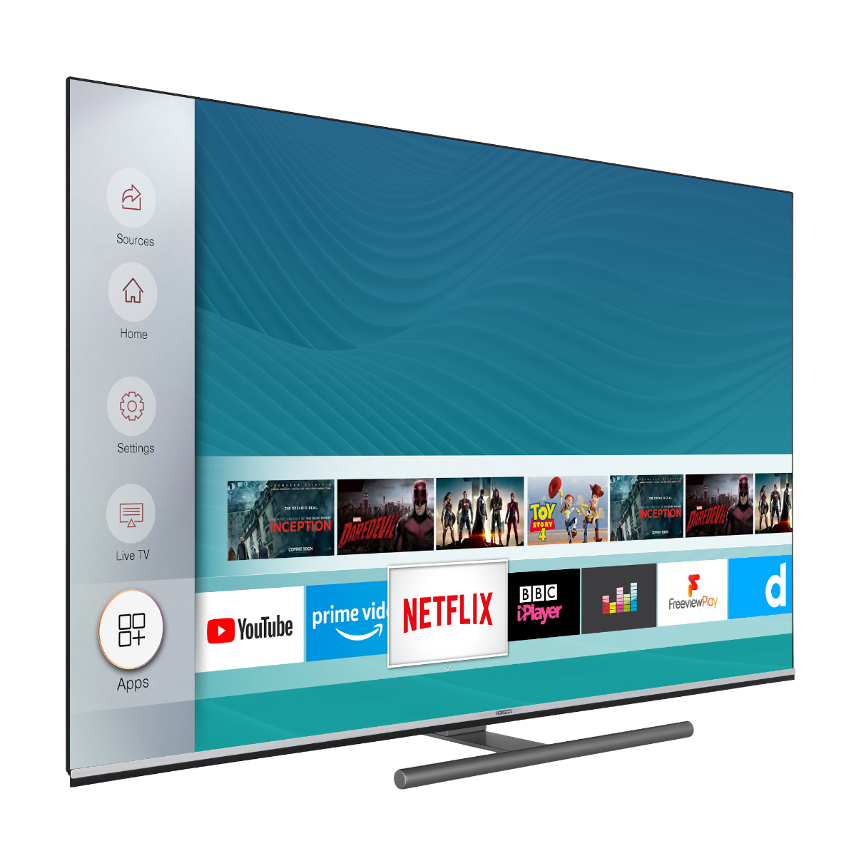 Grand écran de télévision avec un fond bleu. Applications à gauche et affiches de films en bas.