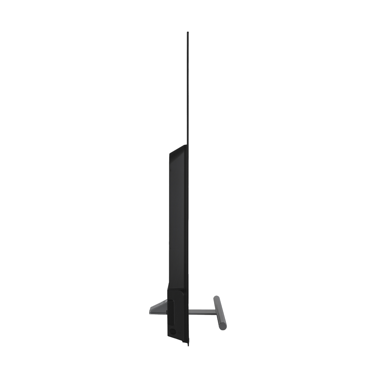 Zijaanzicht van een zwarte tv op een standaard. De tv is erg dun.