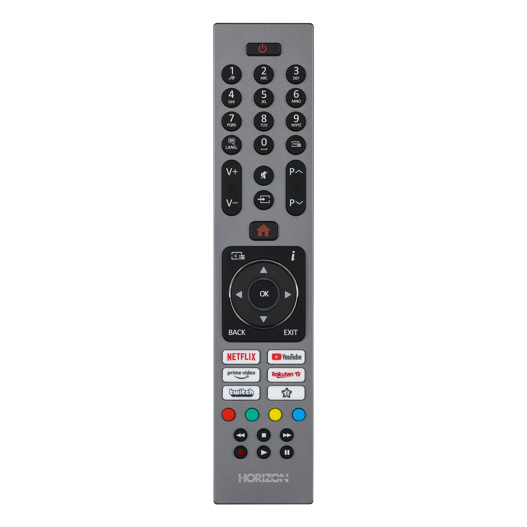 Grijze tv-afstandsbediening met nummerknoppen, navigatie en sneltoetsen voor streamingdiensten.