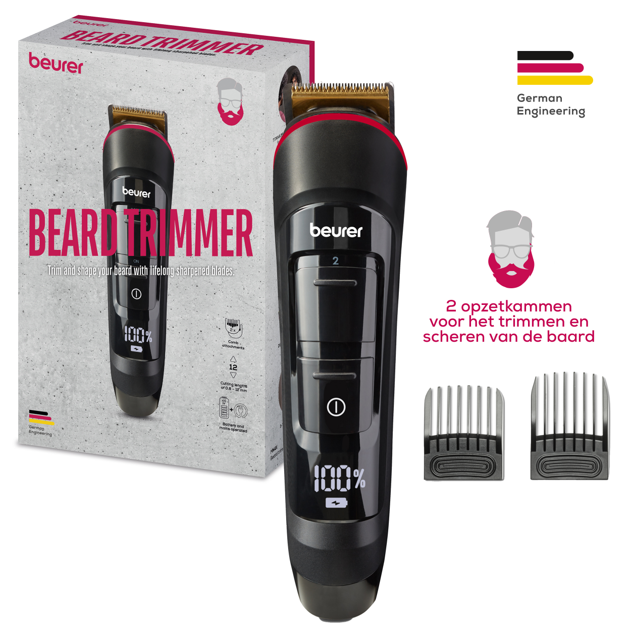 Baardtrimmer met doos, kammen en display. Zwart en rood kleurenschema.
