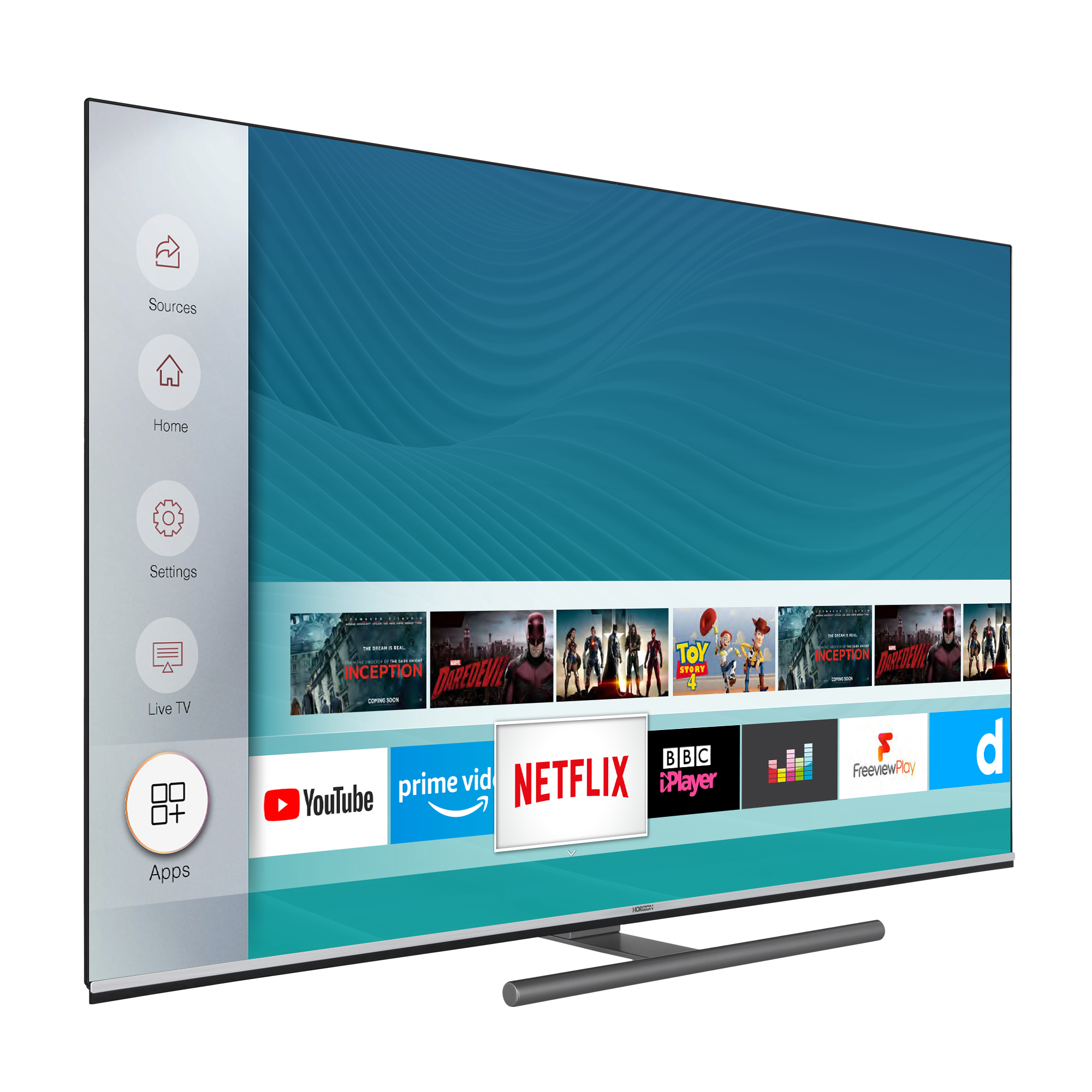 Smart TV met een interface met apps, waaronder Netflix, YouTube en anderen.