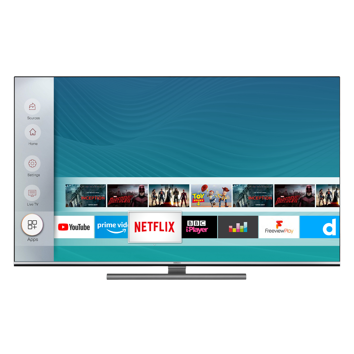Een grote, moderne tv toont apps zoals YouTube en Netflix op een blauwe achtergrond.