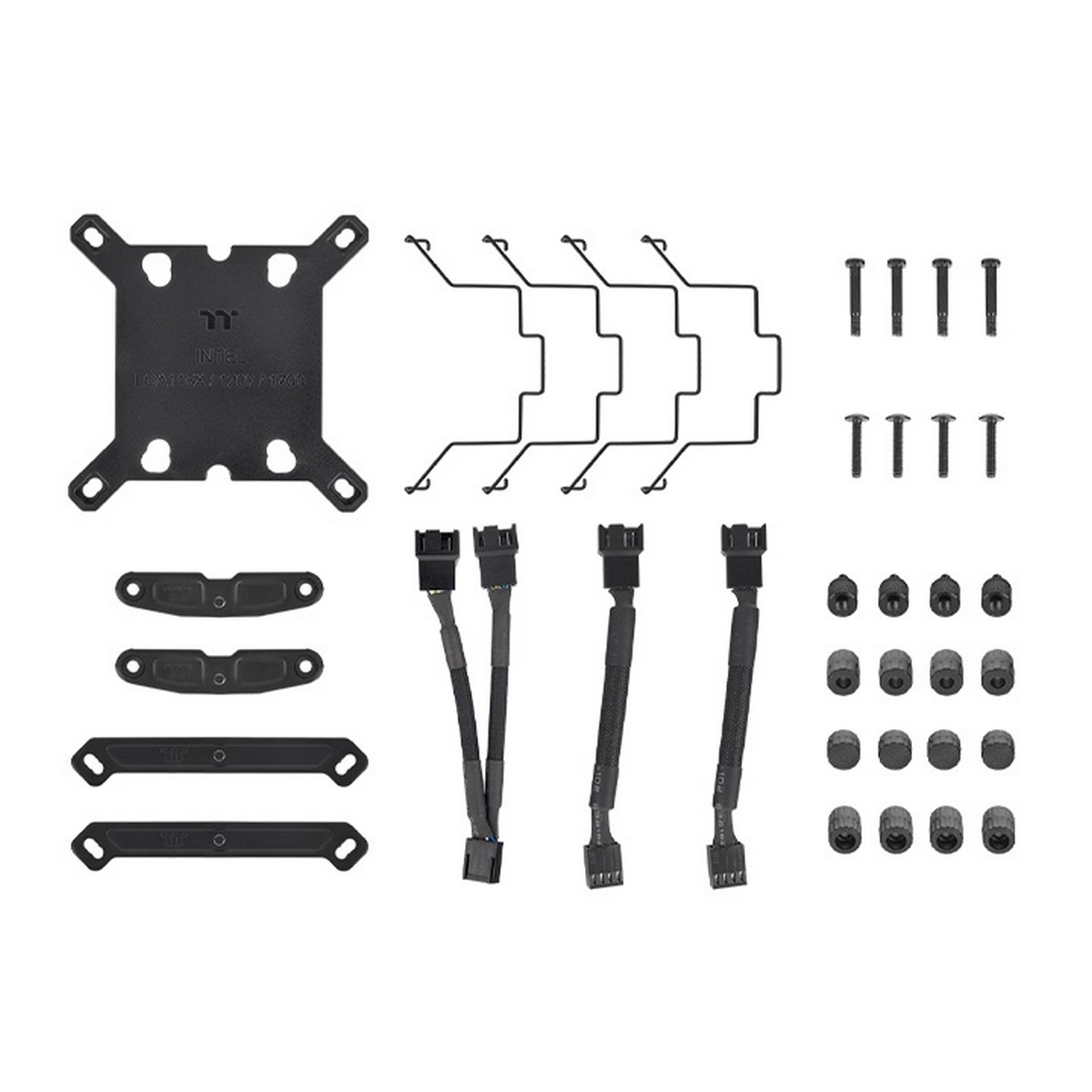 Elementy komputera. Widoczny czarny wspornik, metalowe klipsy, śruby i kable połączeniowe.