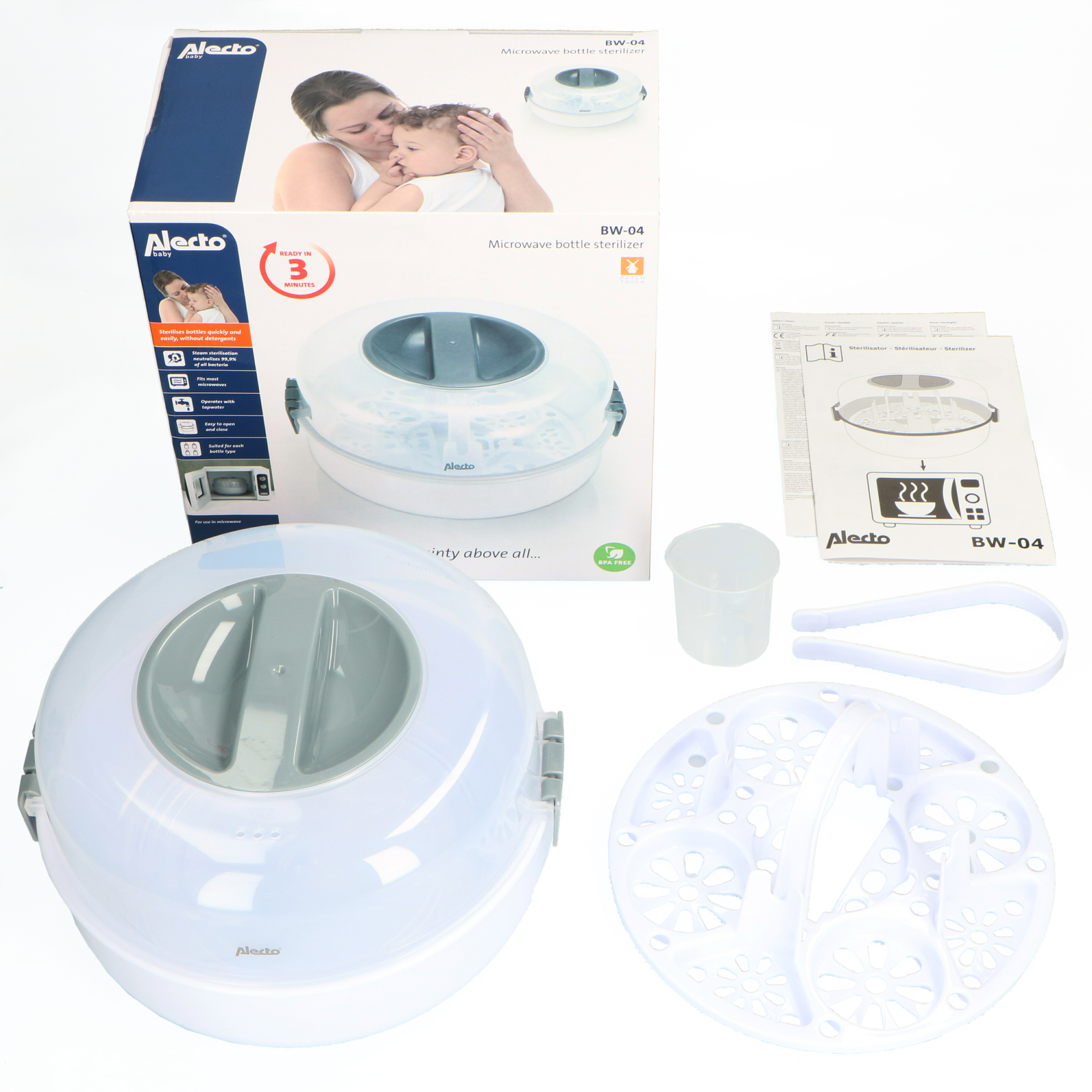 Juego de esterilizador de biberones Alecto baby, con caja, esterilizador, pinzas y otros accesorios.