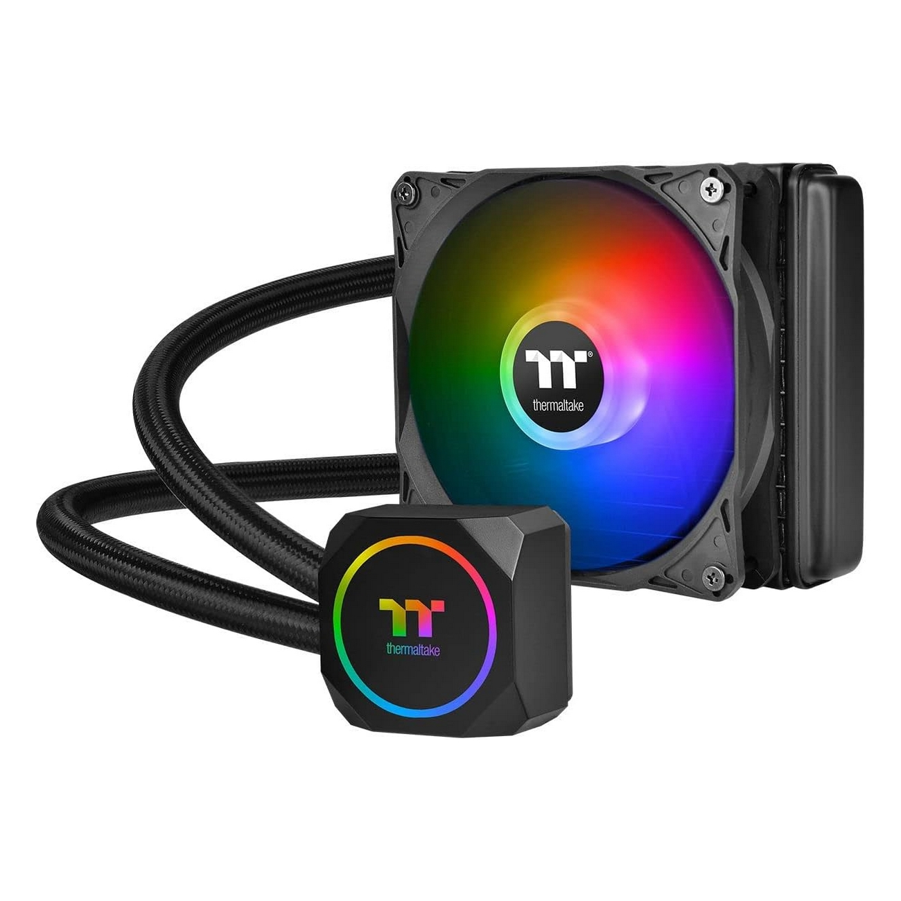 Un dissipatore CPU nero con ventola e water block, con luci RGB colorate.