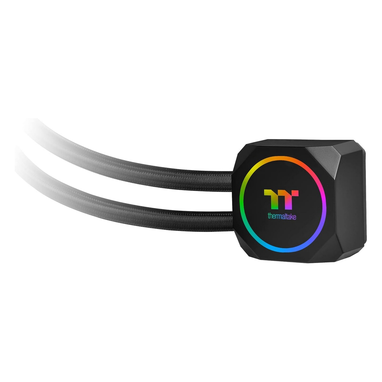 Un dissipatore CPU nero con una luce circolare multicolore. Due tubi neri si estendono dal dissipatore.