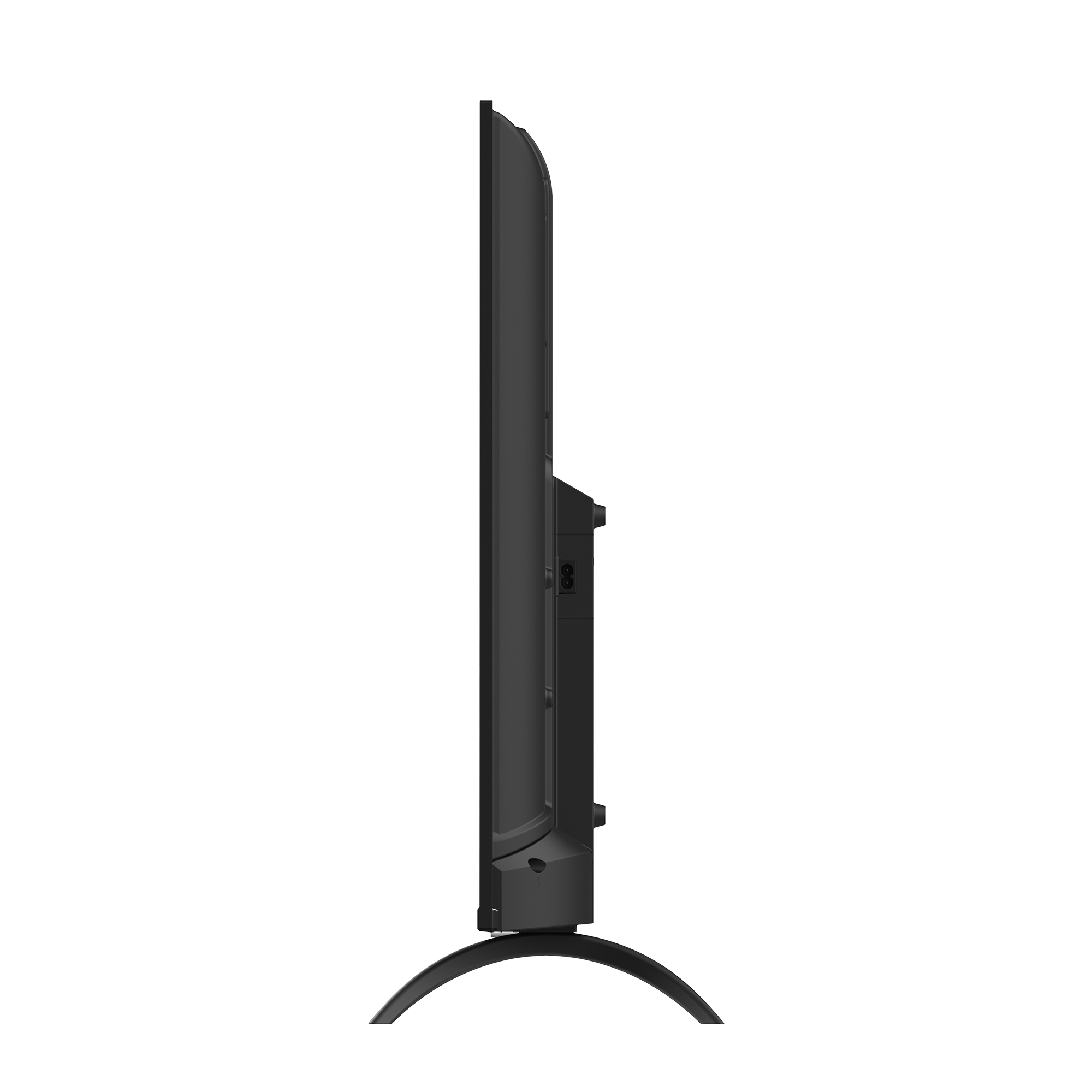 Een slanke zwarte tv van de zijkant, met een standaard, tegen een zwarte achtergrond.