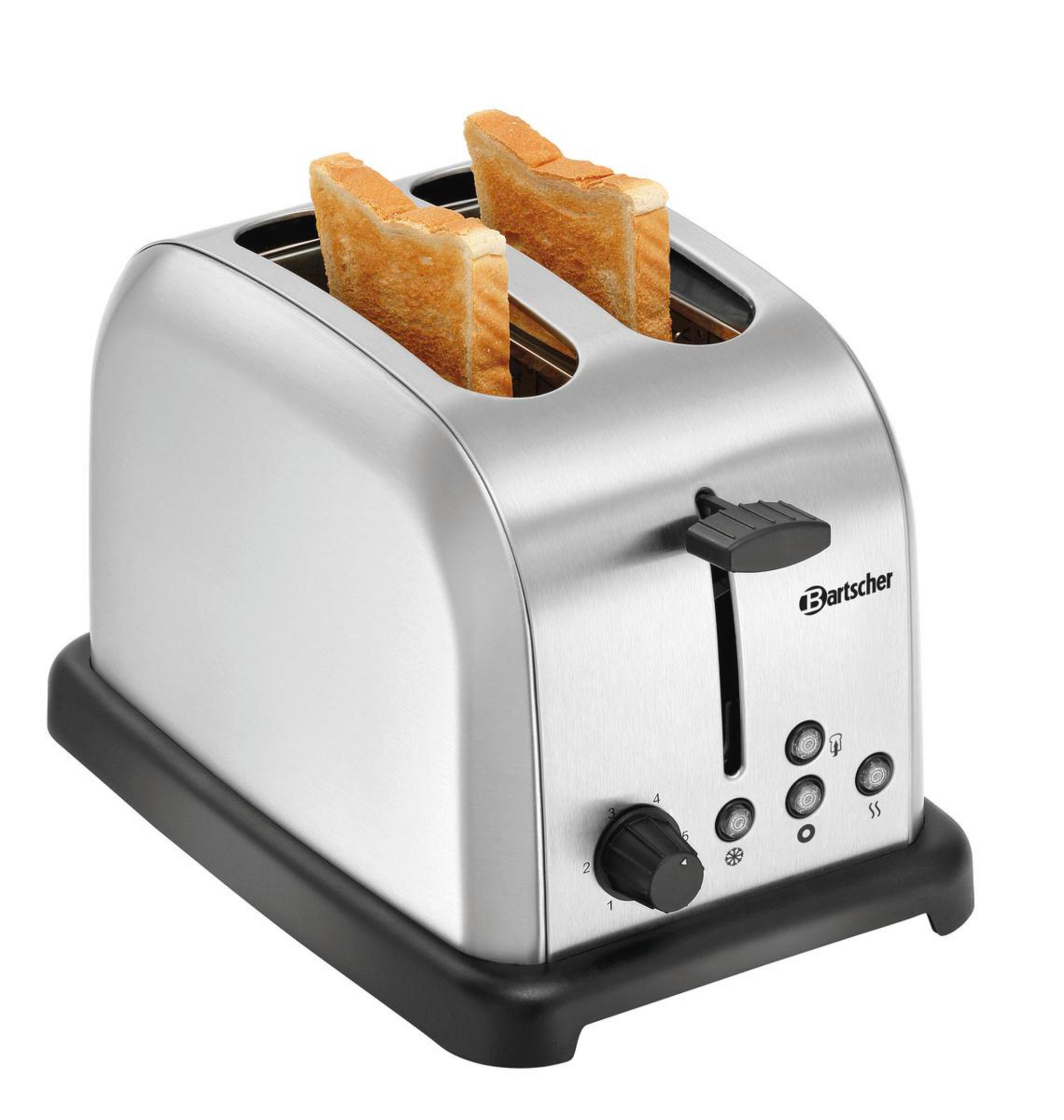 Silberner Toaster mit zwei Toastbrotscheiben auf schwarzem Sockel.