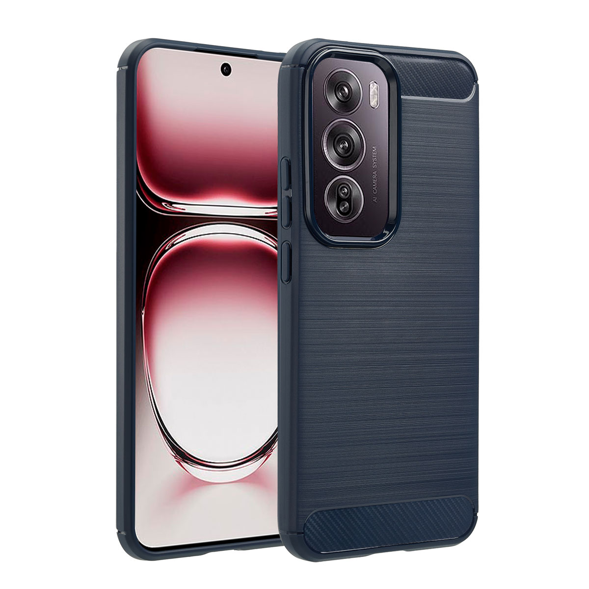 Un étui de téléphone bleu foncé. L'étui a une configuration de triple caméra et un dos texturé.