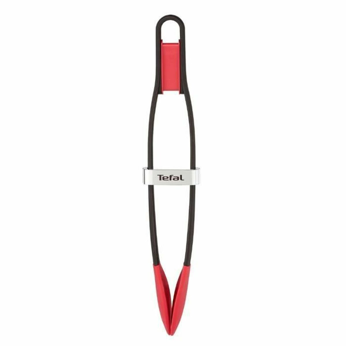 Pinze Tefal rosse e nere con un'etichetta Tefal argentata al centro.